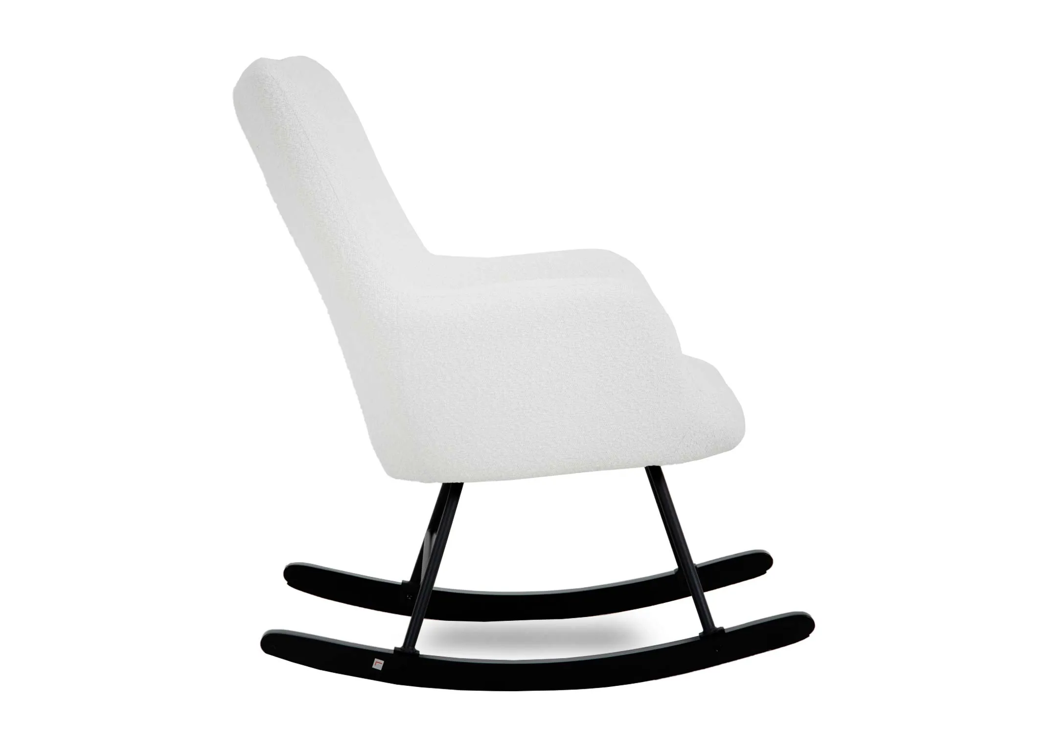 A boucle armchair with black rubber & meatl rocker from EZ Livings Percy range. Side view of curved legs.