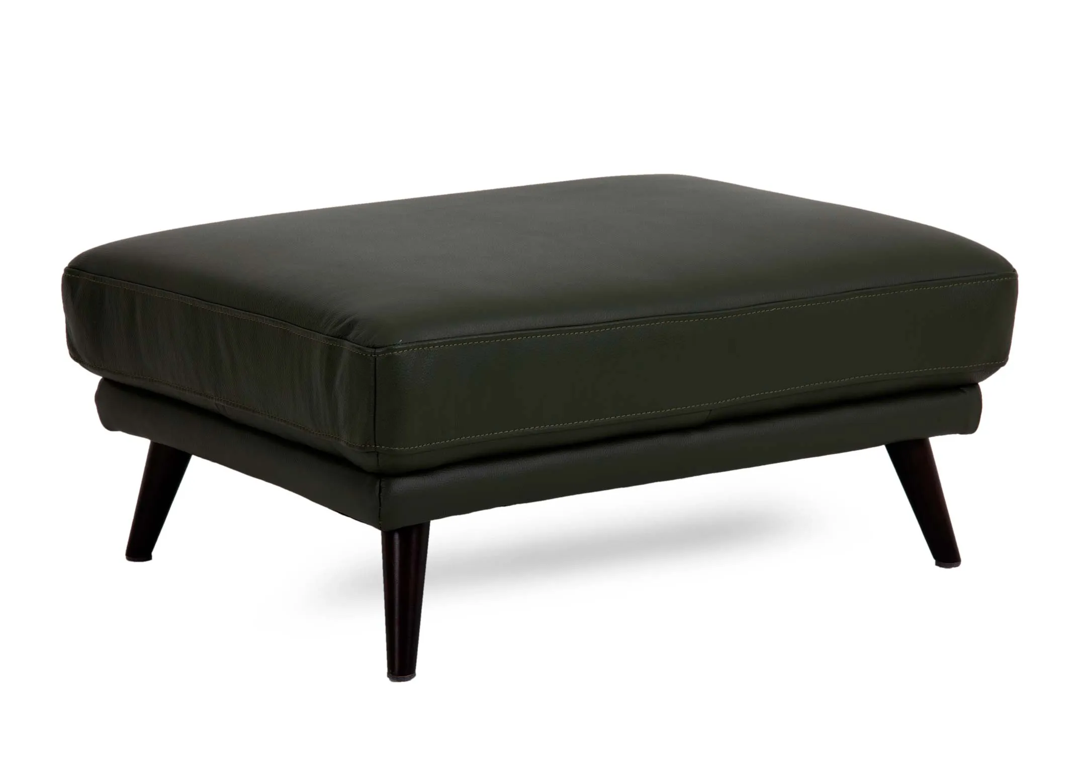 A green leather rectangular footstool from EZ Livings Toscana range. Angled view of the bench style ottoman.