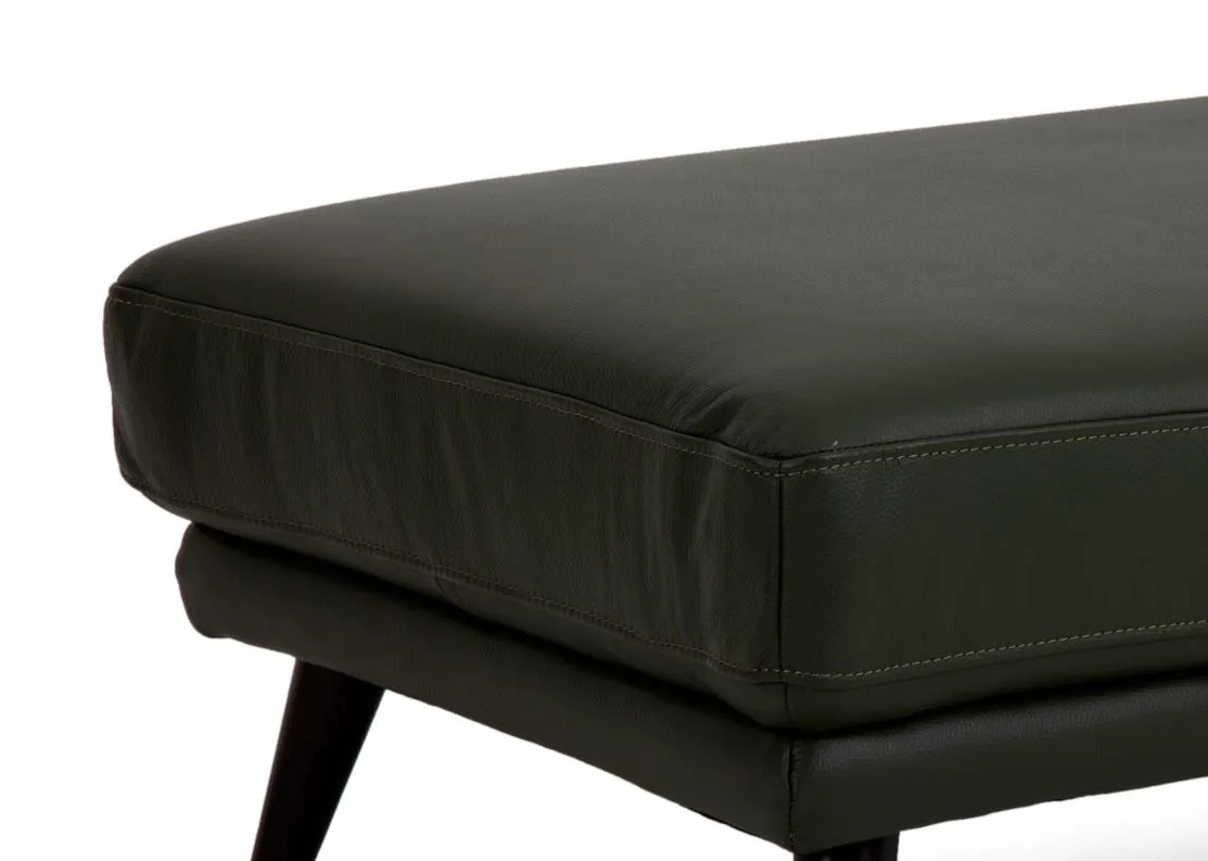 A green leather rectangular footstool from EZ Livings Toscana range. Closeup of authentic pine green leather.