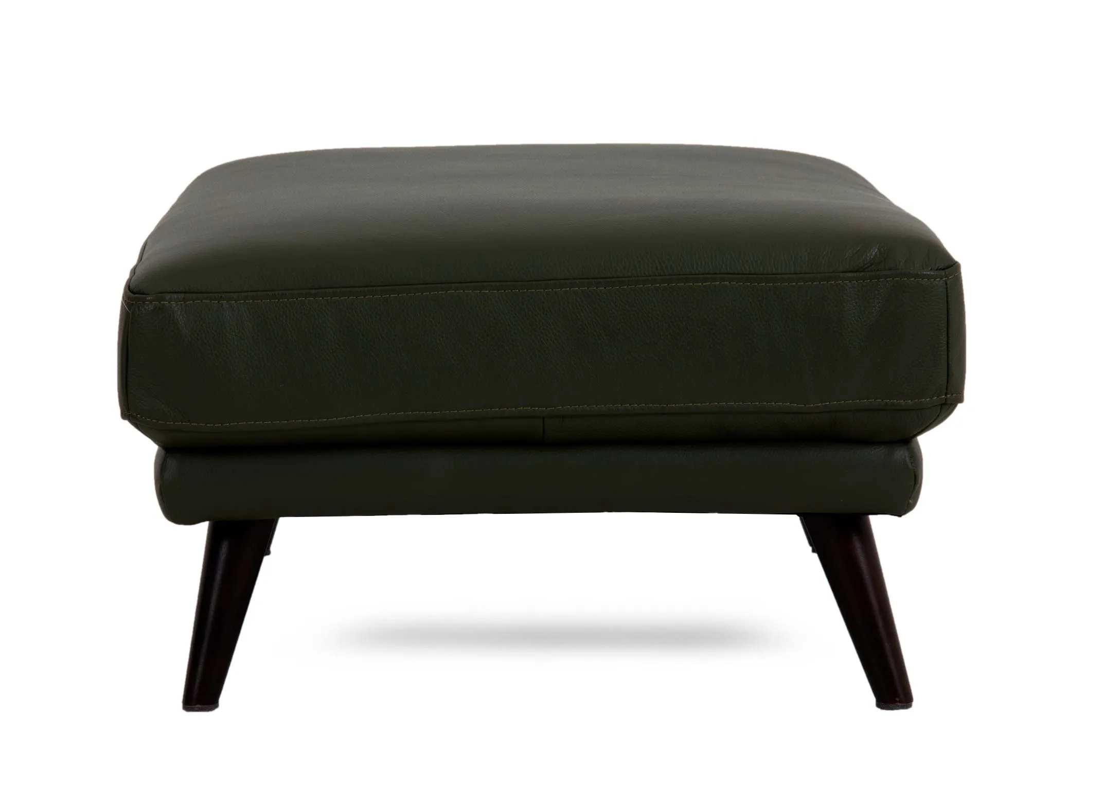 A green leather rectangular footstool from EZ Livings Toscana range. Side view of walnuit legs