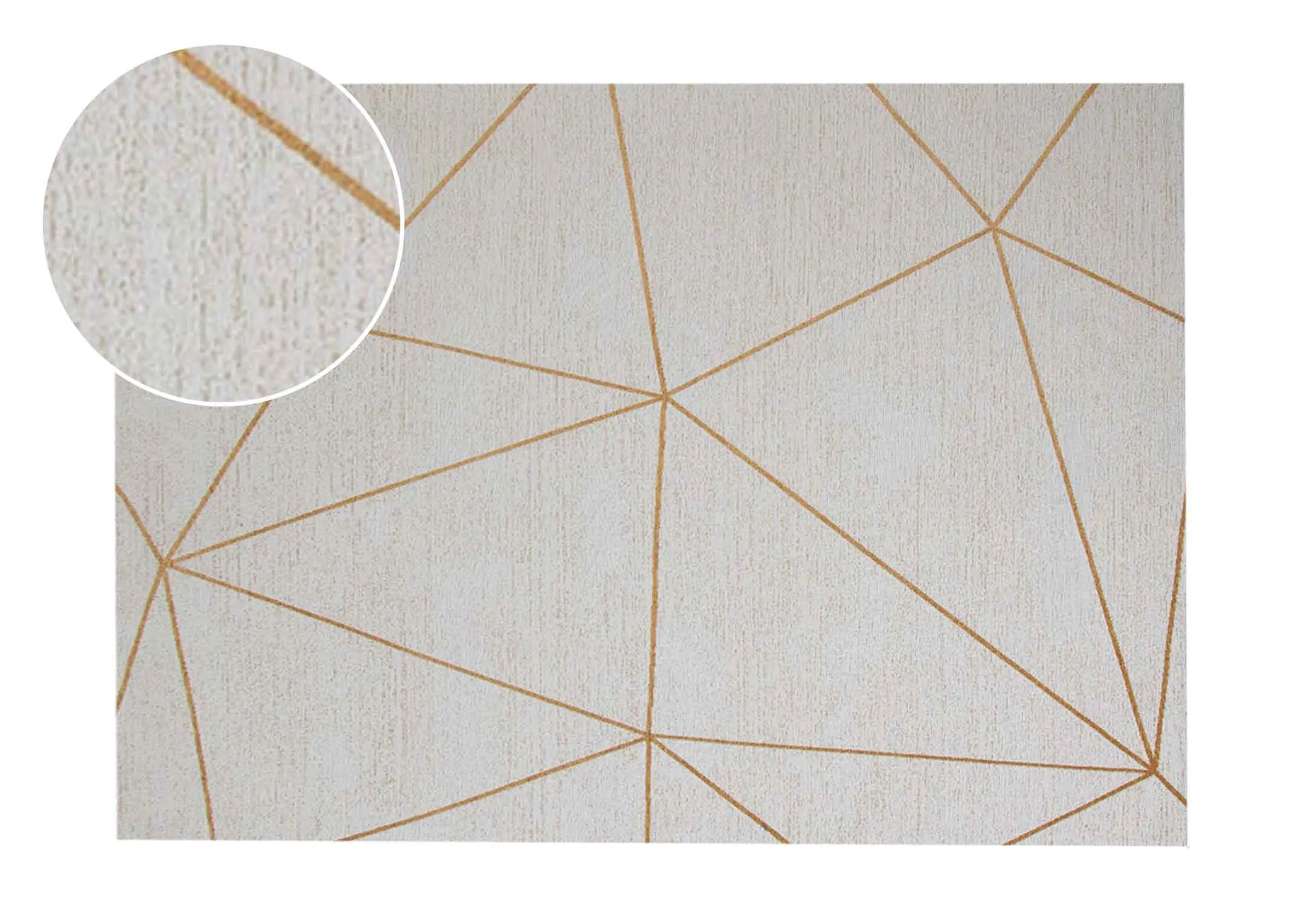 A large white rug with gold linear pattern from EZ Livings Charvi range. Front view.