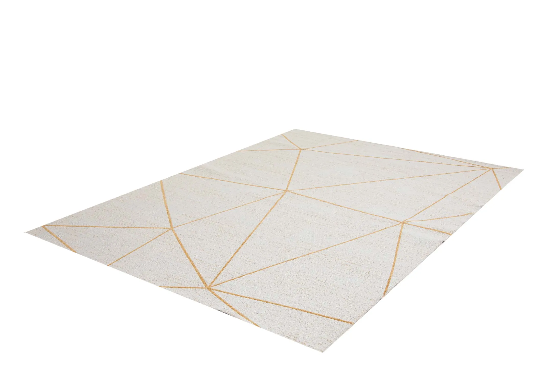A large white rug with gold linear pattern from EZ Livings Charvi range. Angled view