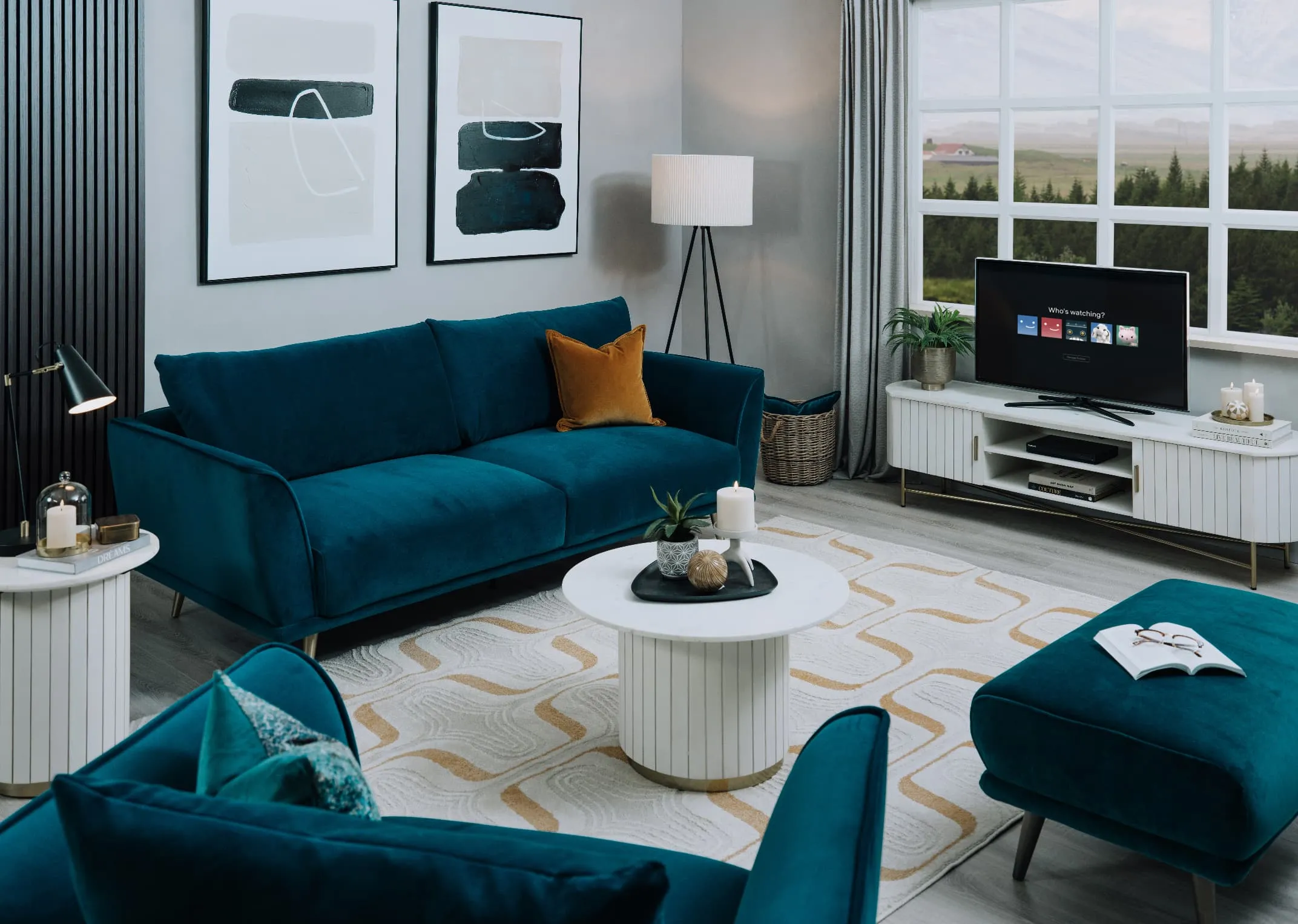 A lifestyle image of the Katie 4 Seater with Brera rug and Ketan table