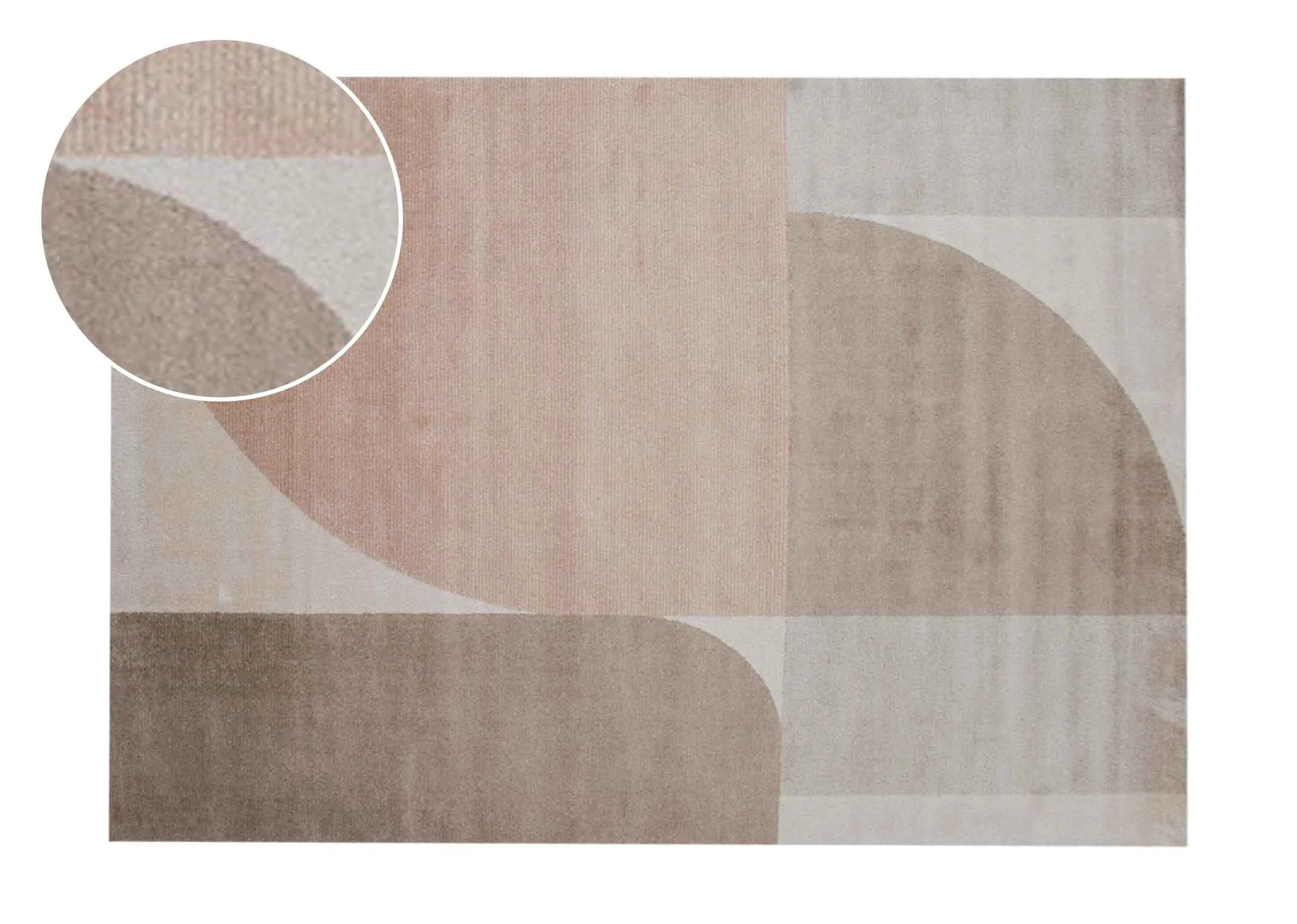 A beige brown grey and orange geo shaped rug from EZ Livings Divine range. Front view of large rug with zoom in on texture.