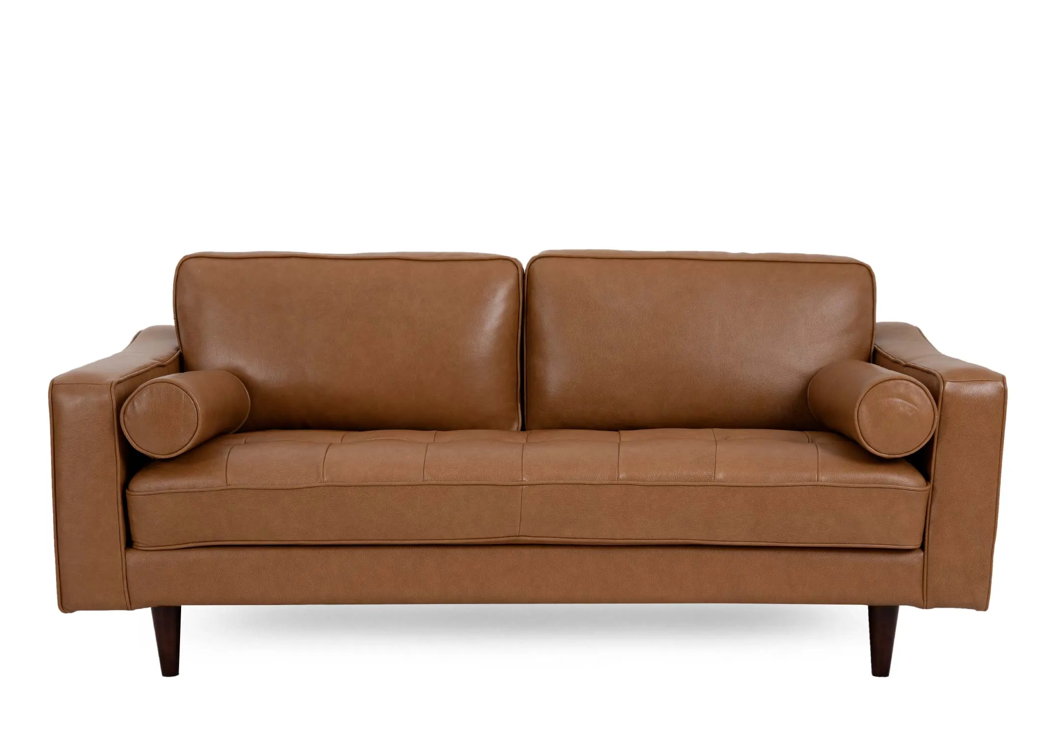 A 2.5 seater tan leatehr sofa from EZ Livings Genoa range. Front view