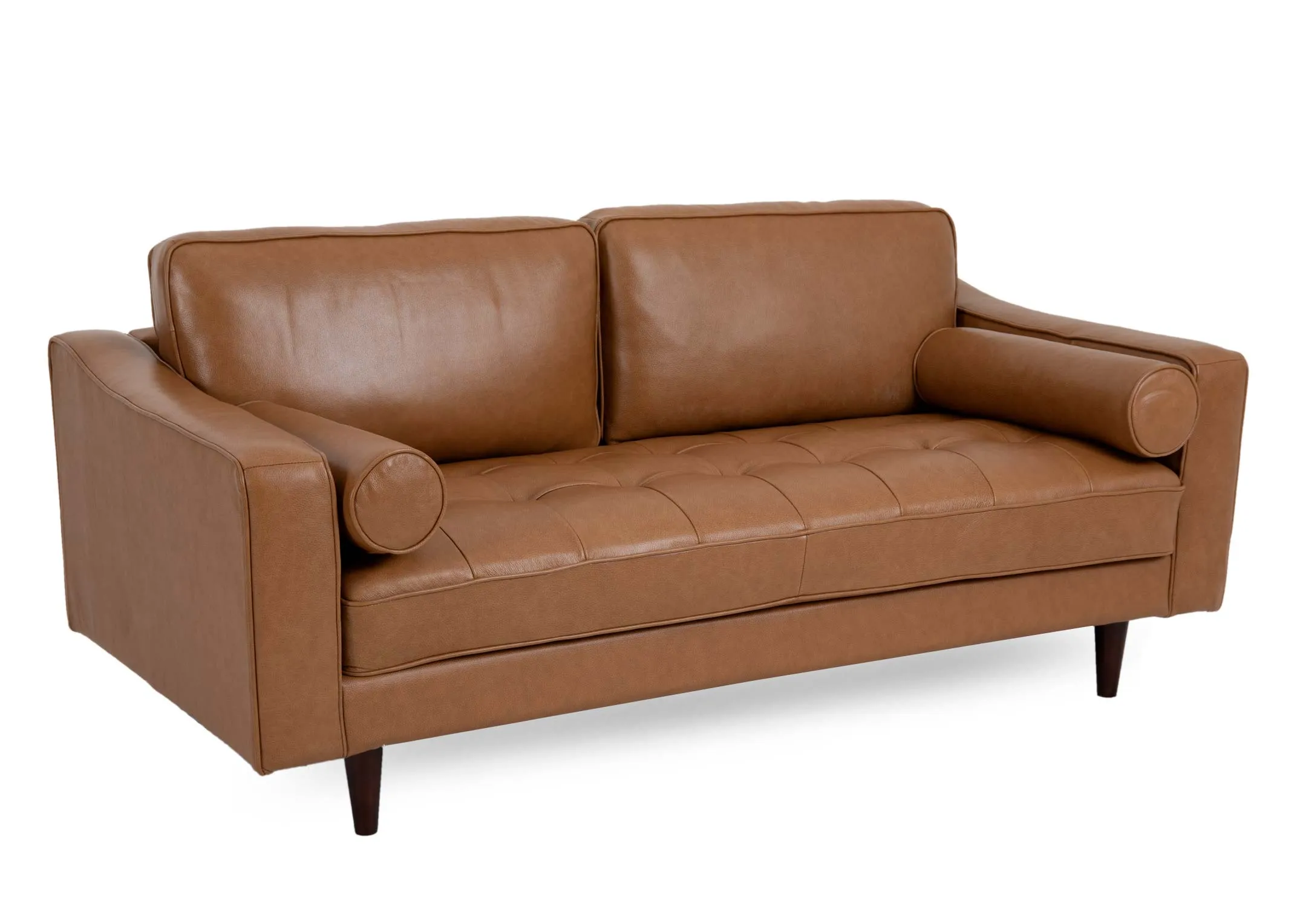 A 2.5 seater tan leatehr sofa from EZ Livings Genoa range. Angled view.