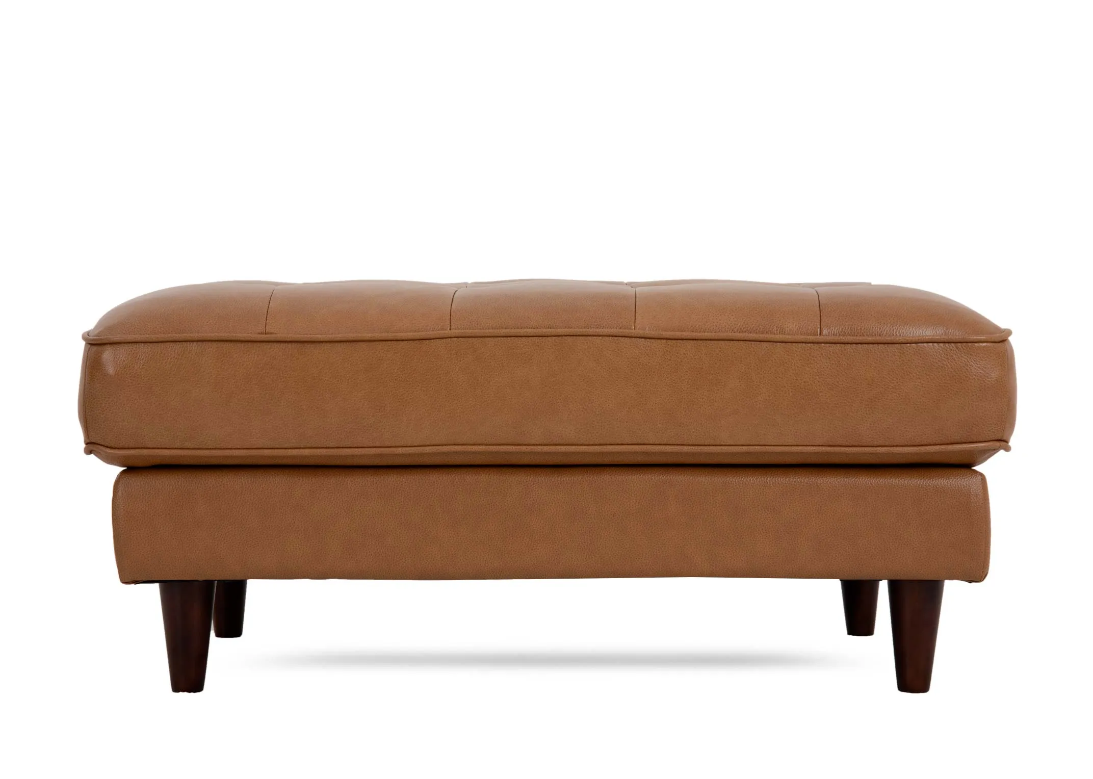 A rectangular tan leather footstool from EZ Livings Genoa range. Front view