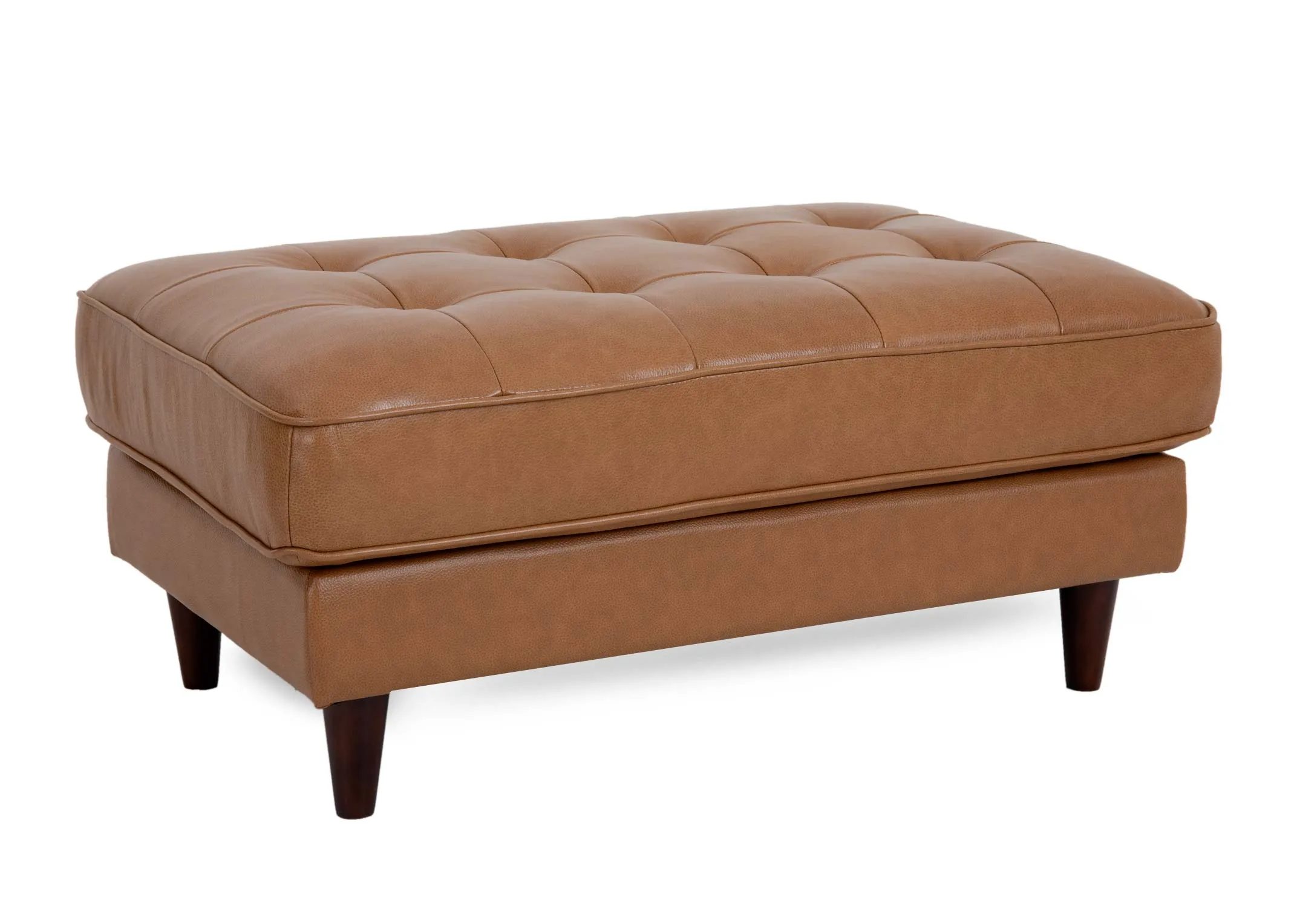 A rectangular tan leather footstool from EZ Livings Genoa range. Angled view of padded cushion.