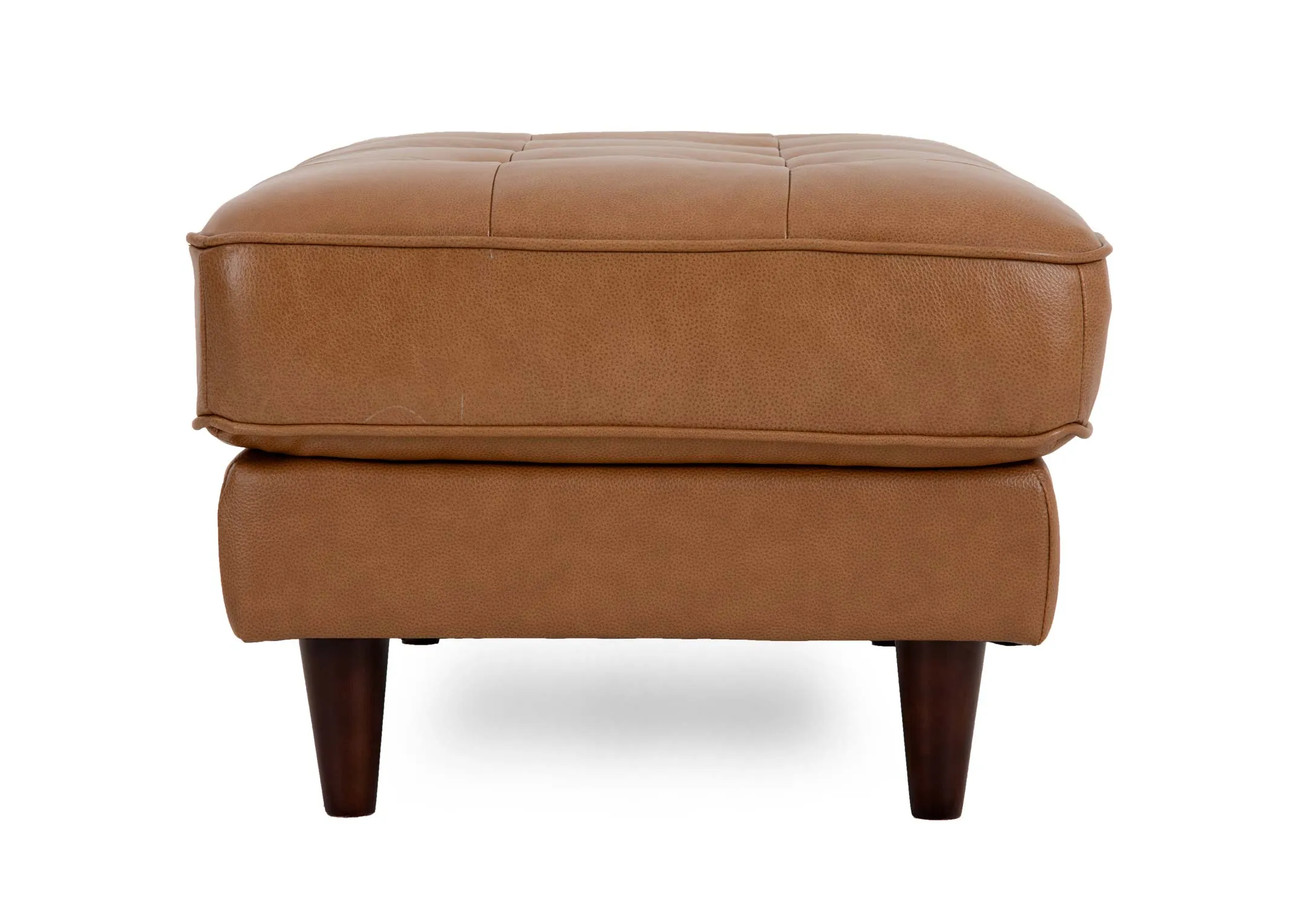 A rectangular tan leather footstool from EZ Livings Genoa range.  Side view
