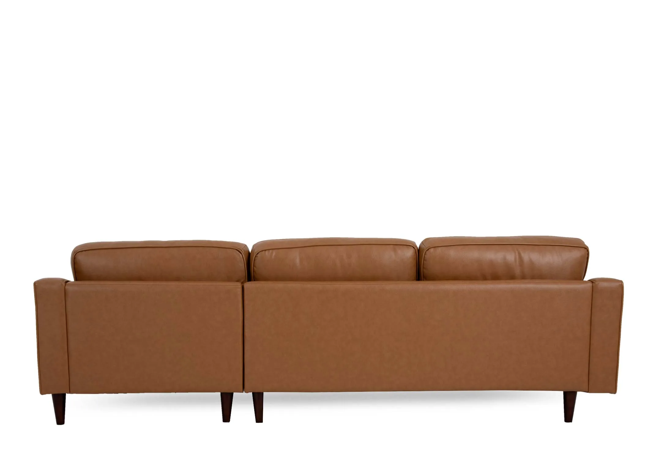 A RHF tan leather corner chaise from EZ Livings Genoa range. Back view of warrantied frame