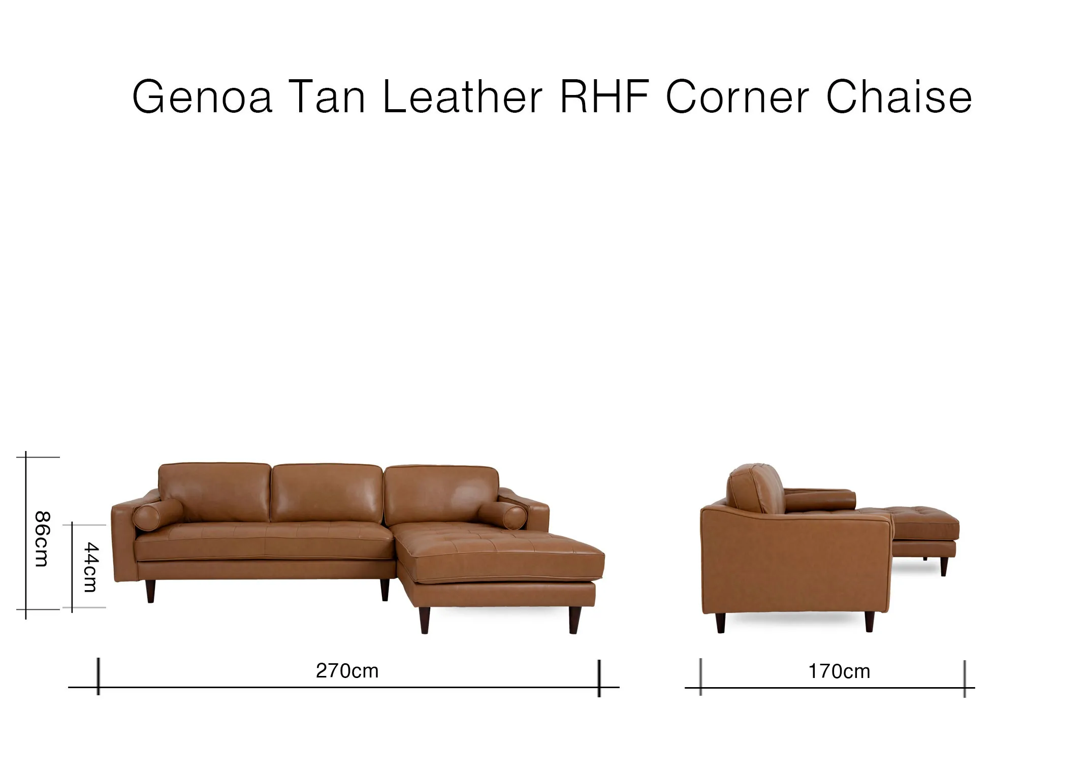 A dimension image of the Genoa RHF Chaise with 270cm x 170cm x 86cm