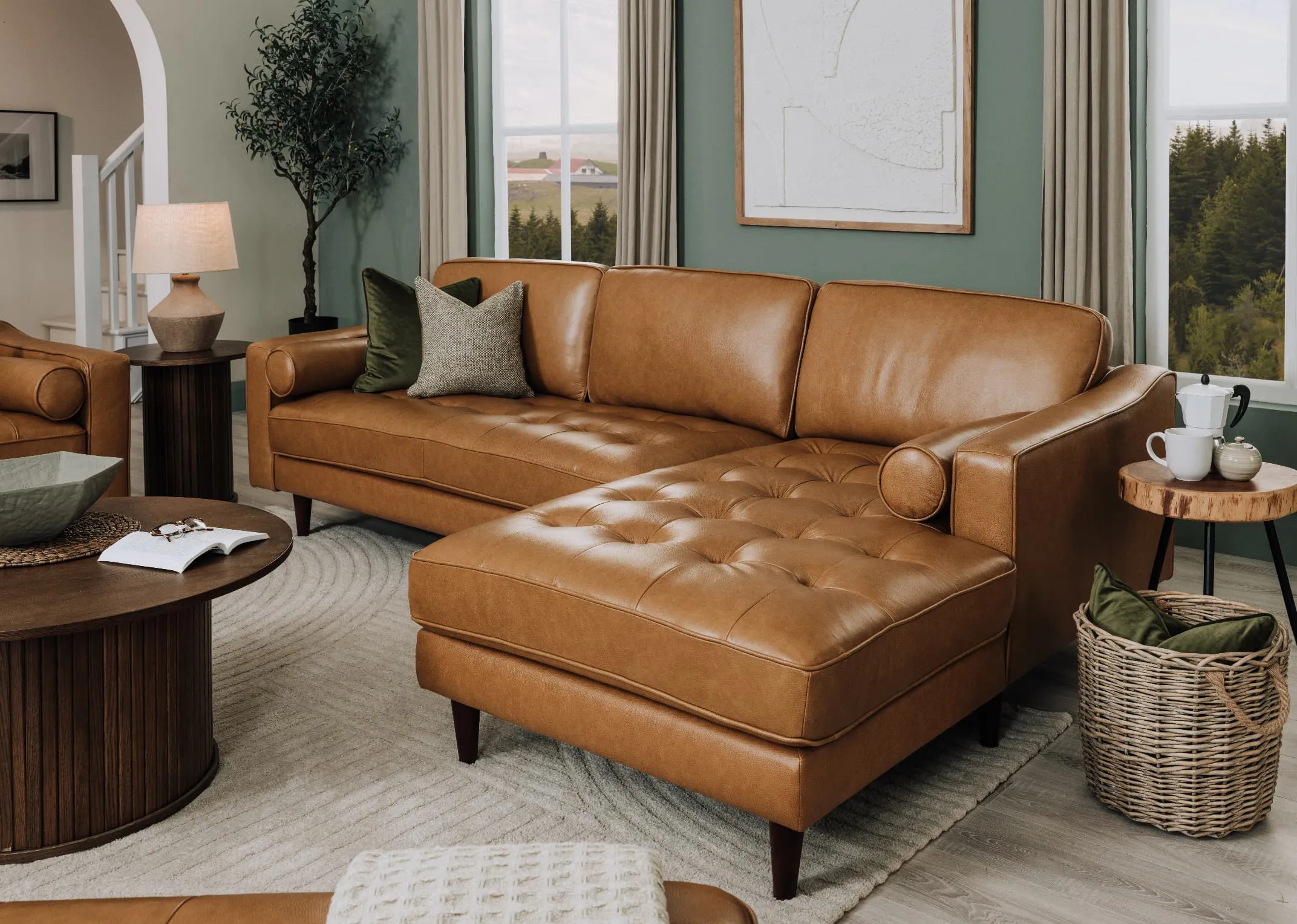 A lifestyle image of the genoa corner chaise with nola table and side with Mai lamp.
