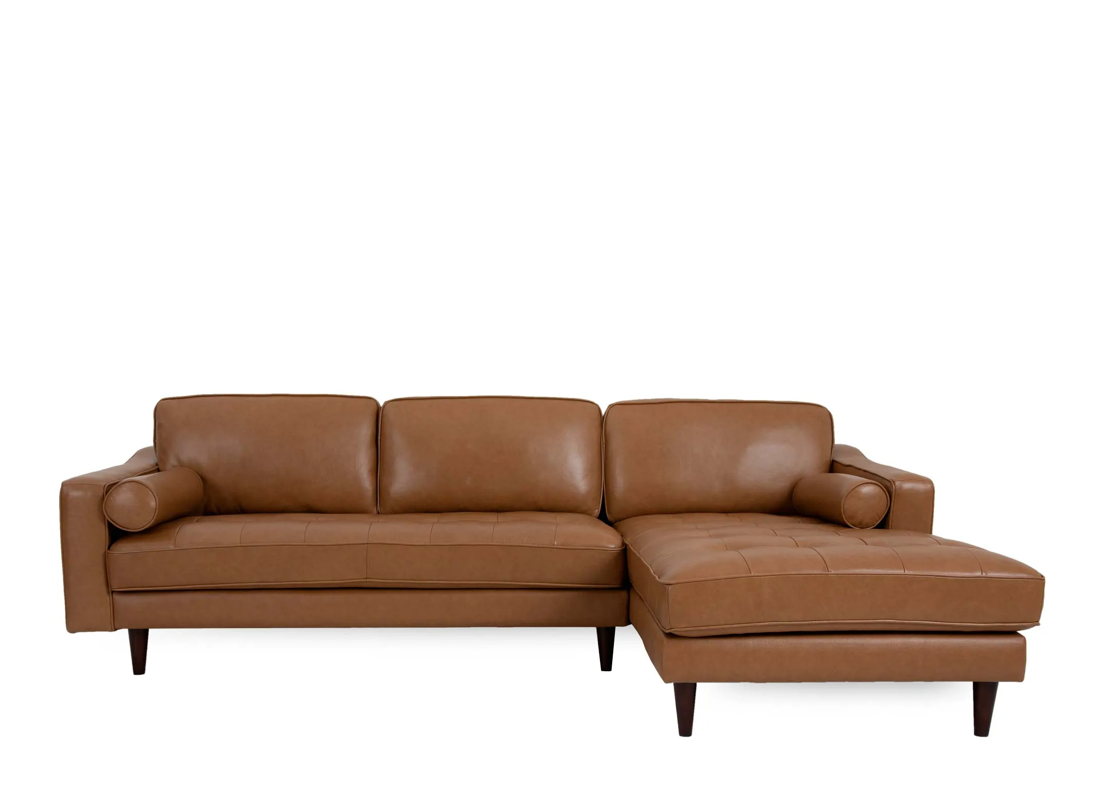 A RHF tan leather corner chaise from EZ Livings Genoa range. Front view of walnut feet.