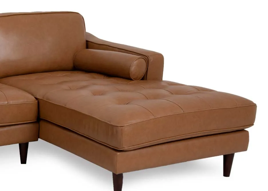A RHF tan leather corner chaise from EZ Livings Genoa range. Closeup of tufted button detail on seats.