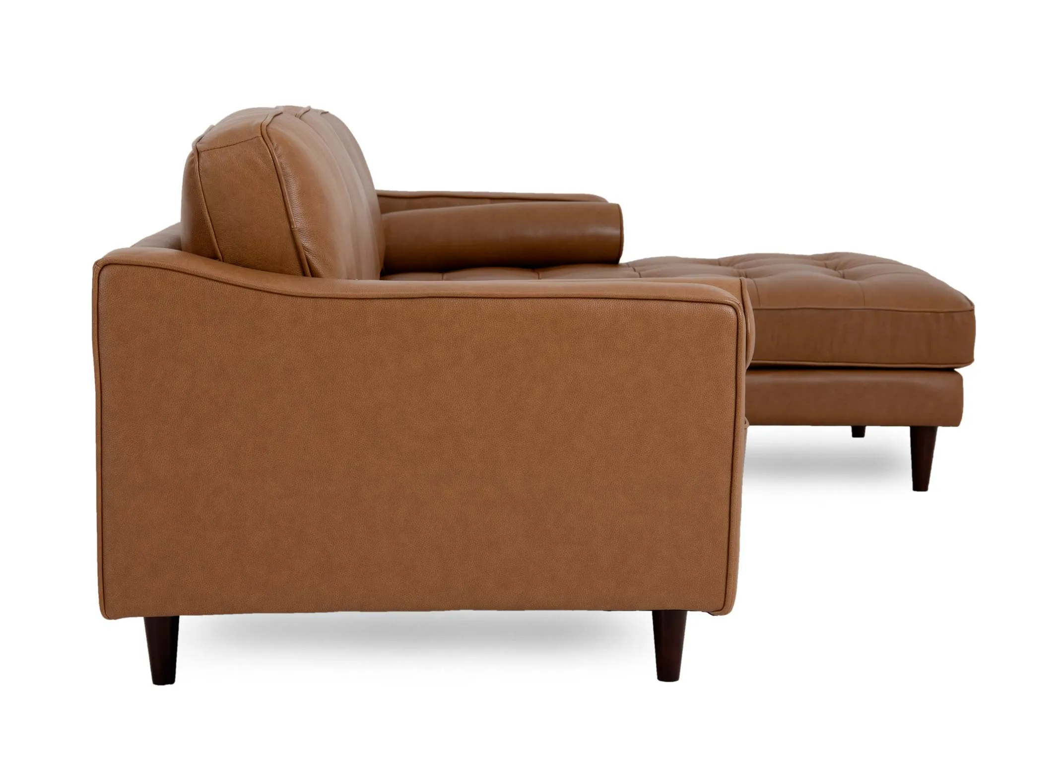 A RHF tan leather corner chaise from EZ Livings Genoa range. Side view of low wide arms