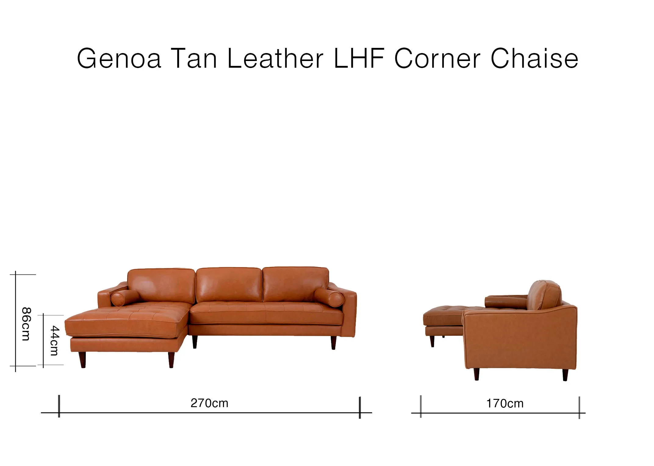 A dimension image of the Genoa LHF Chaise with 270cm x 170cm x 86cm