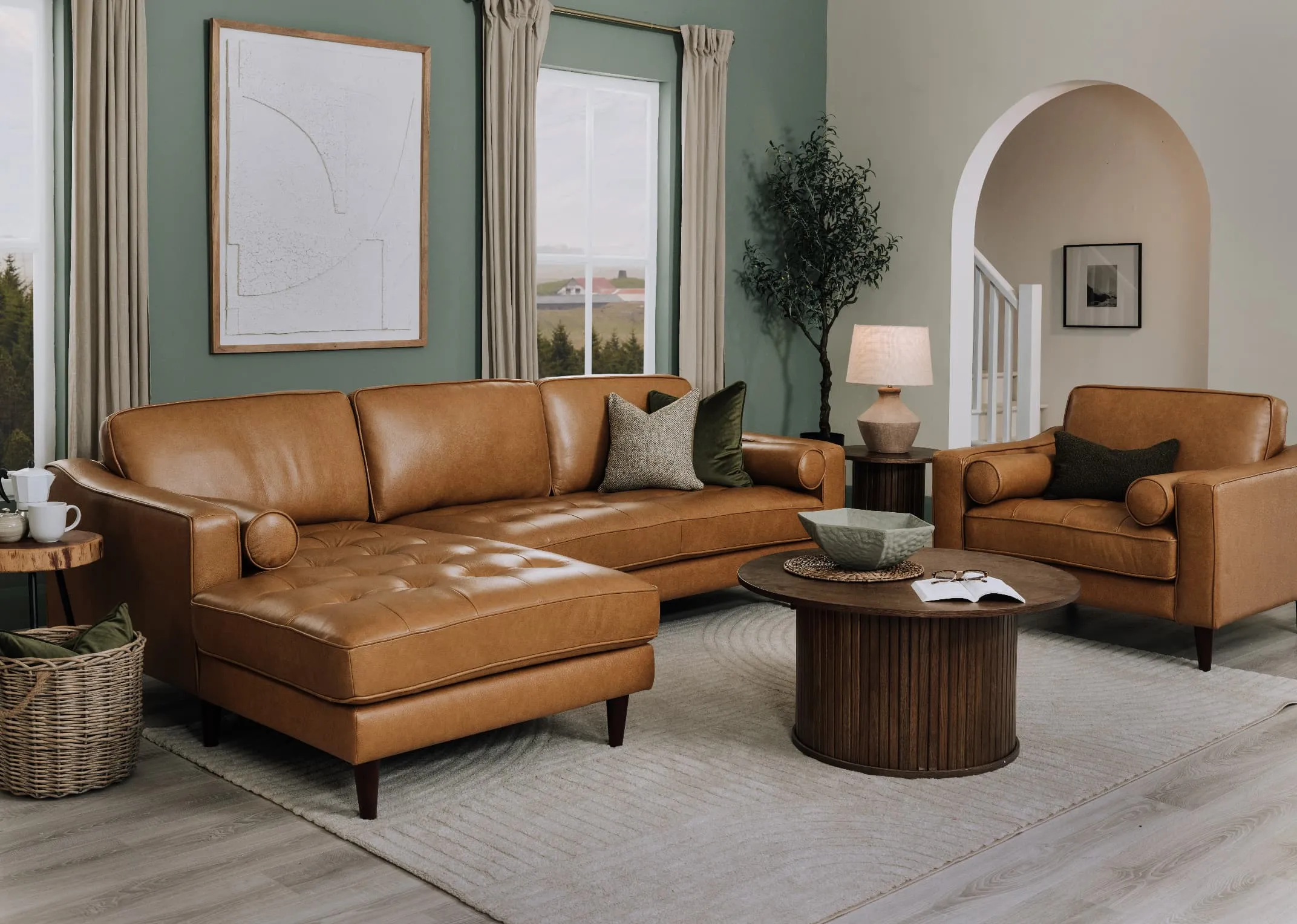 Tan Leather LHF Corner Chaise - Genoa