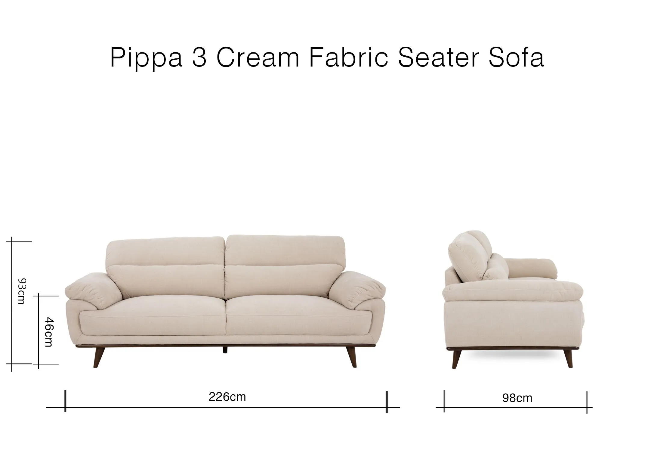 A dimension image of the Pippa Cream 3 Seater with 226cm x 98cm x 93cm