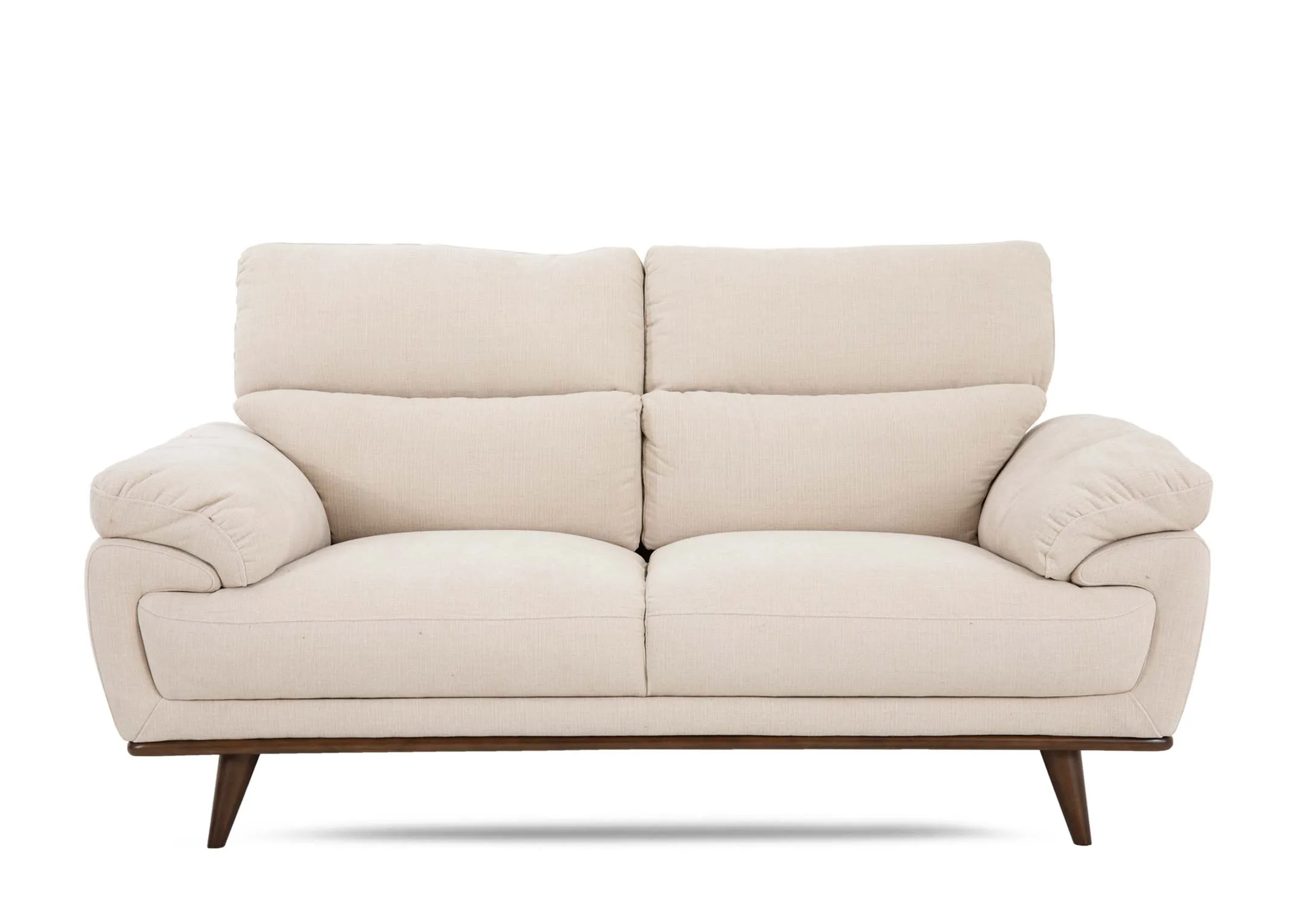 A cream 2 seater fabric sofa from EZ Livings Pippa range. Front view of relaxed arms and sofa cushions.