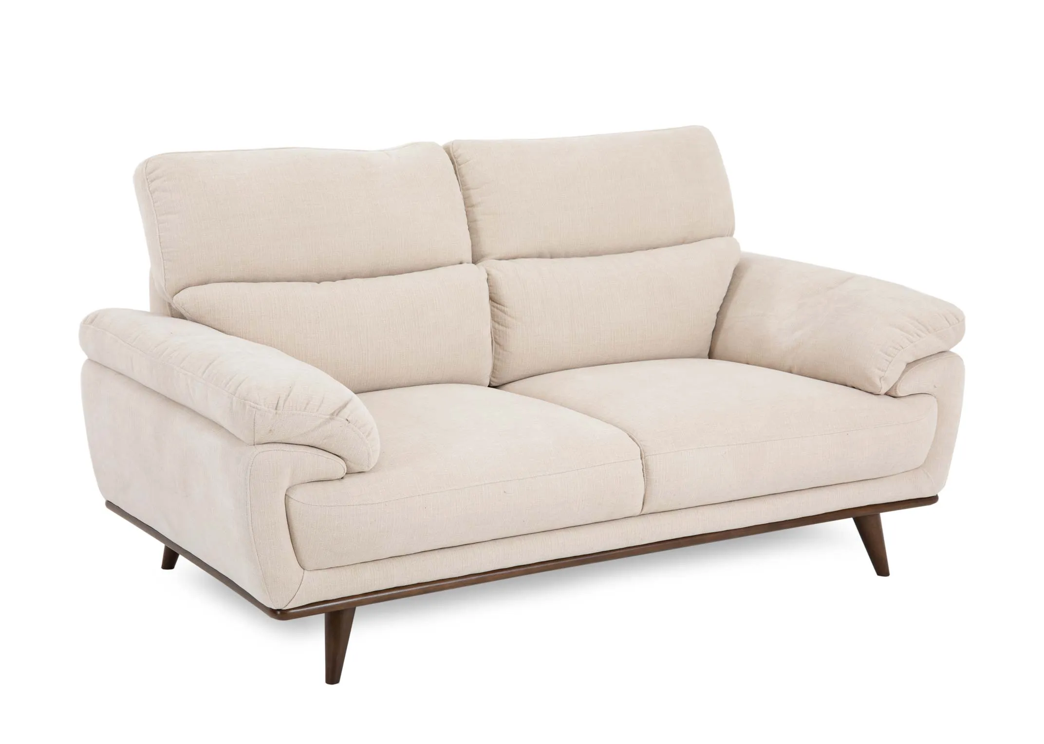 A cream 2 seater fabric sofa from EZ Livings Pippa range. Angled view