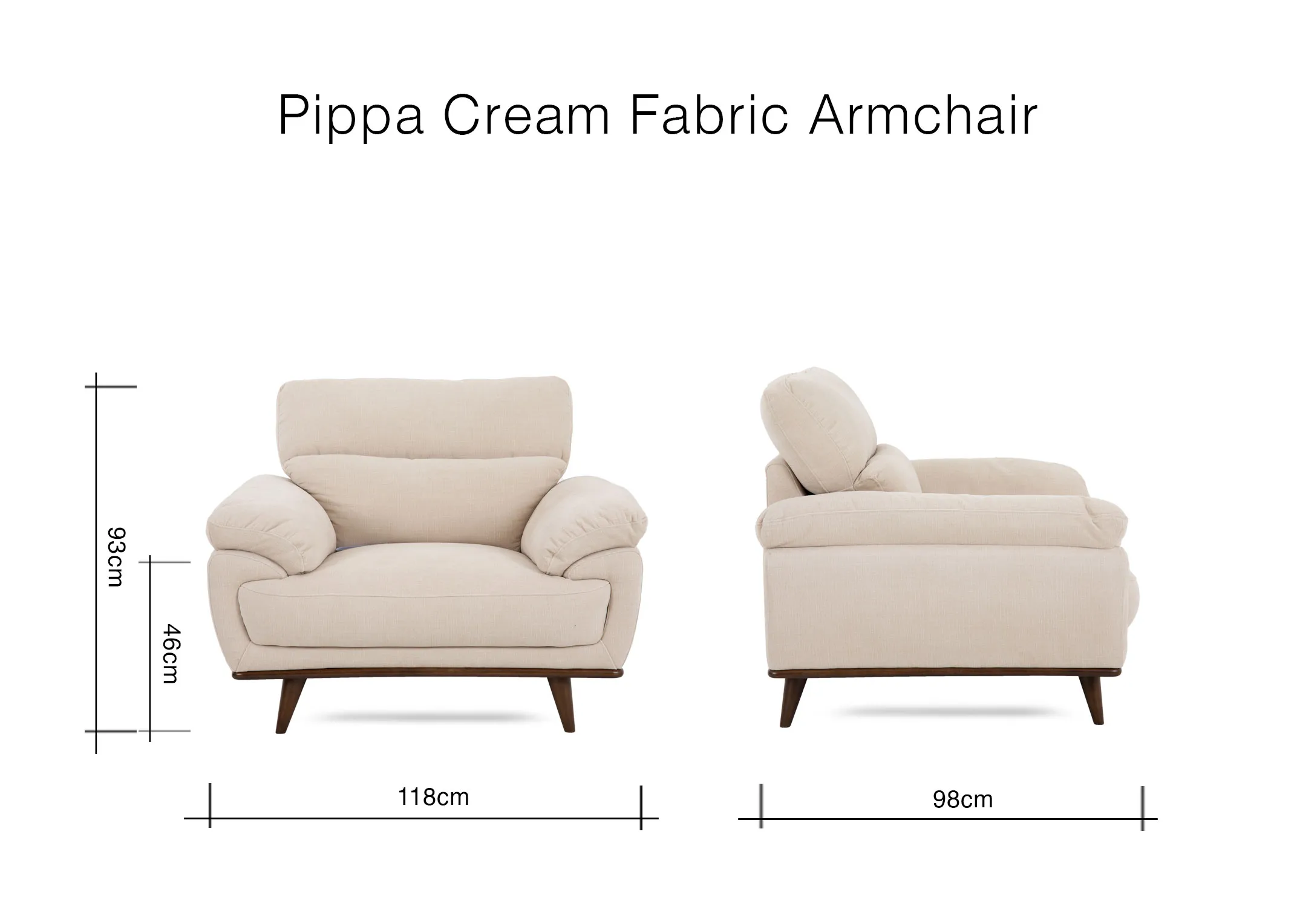 A dimension image of the Pippa Armchair with 118cm x 98cm x 93cm