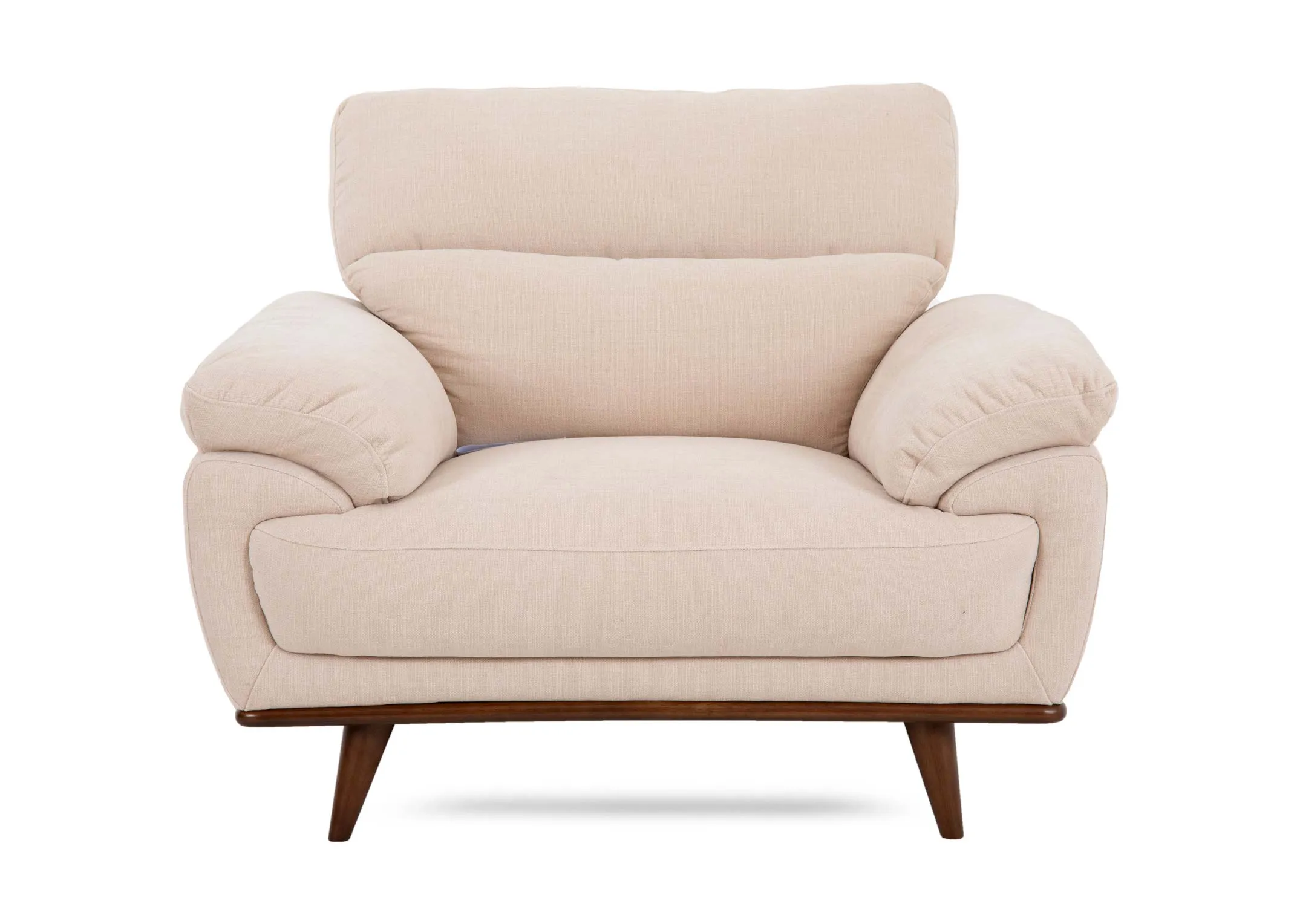 A cream fabric armchair from EZ Livings Pippa range. Front view of relaxed arm cushions.