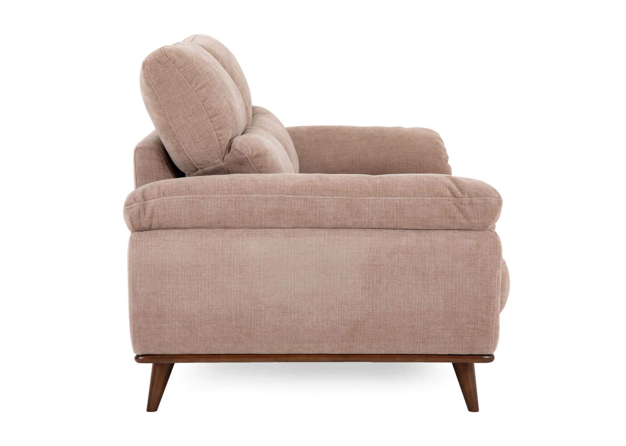 A 2 seater beige fabric sofa from EZ Livings Pippa Range. Side view of low wide armrests.