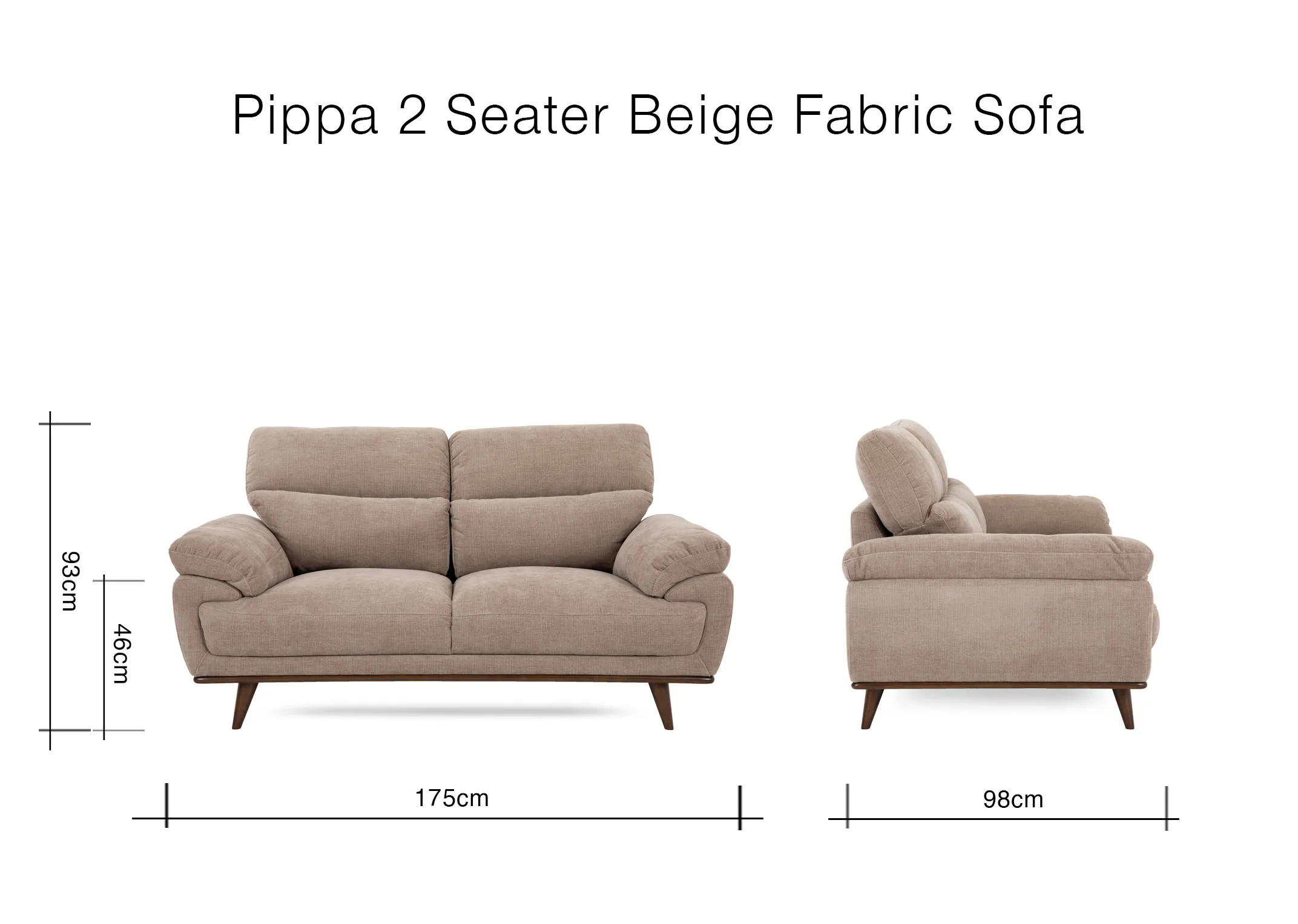 A dimension image of the Pippa 2 Seater sofa with 175cm x 98cm x 93cm