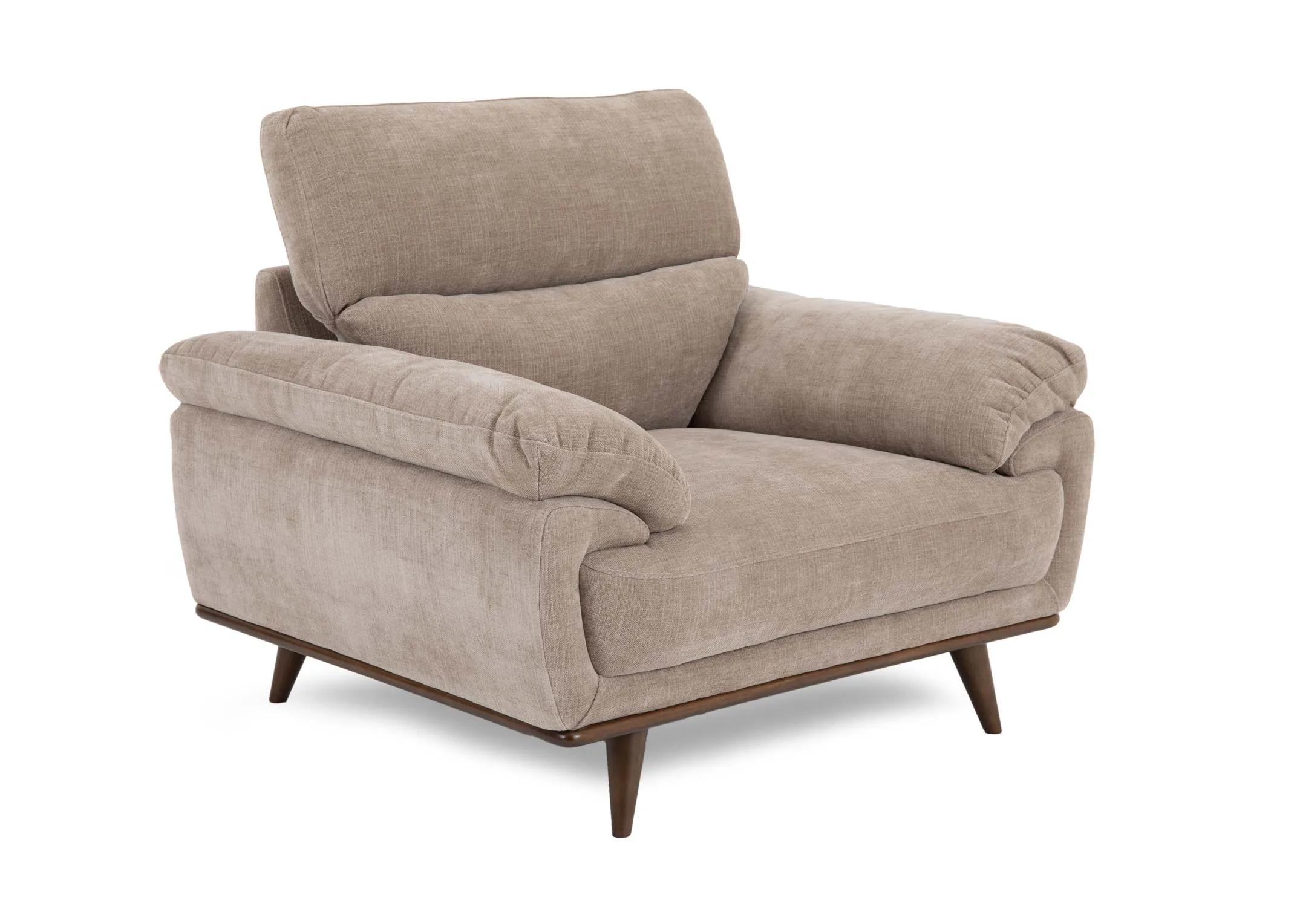 A beige fabric armchair from EZ Livings Pippa range. Angled view of walnut feet.