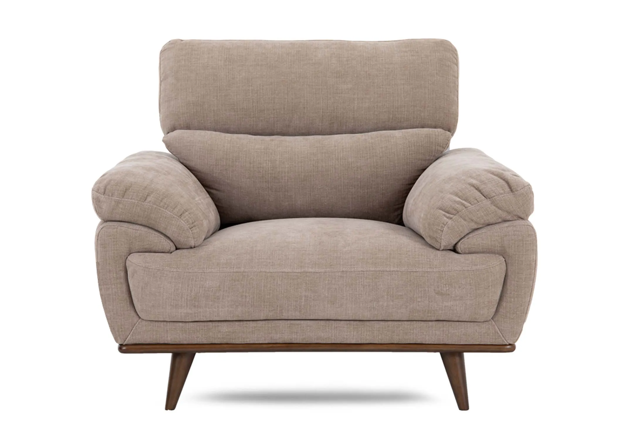 A beige fabric armchair from EZ Livings Pippa range. Front view of relaxed arm cushions.