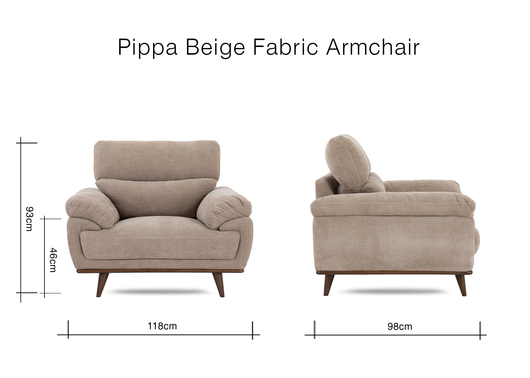 A dimension image of the Pippa Armchair with 118cm x 98cm x 93cm