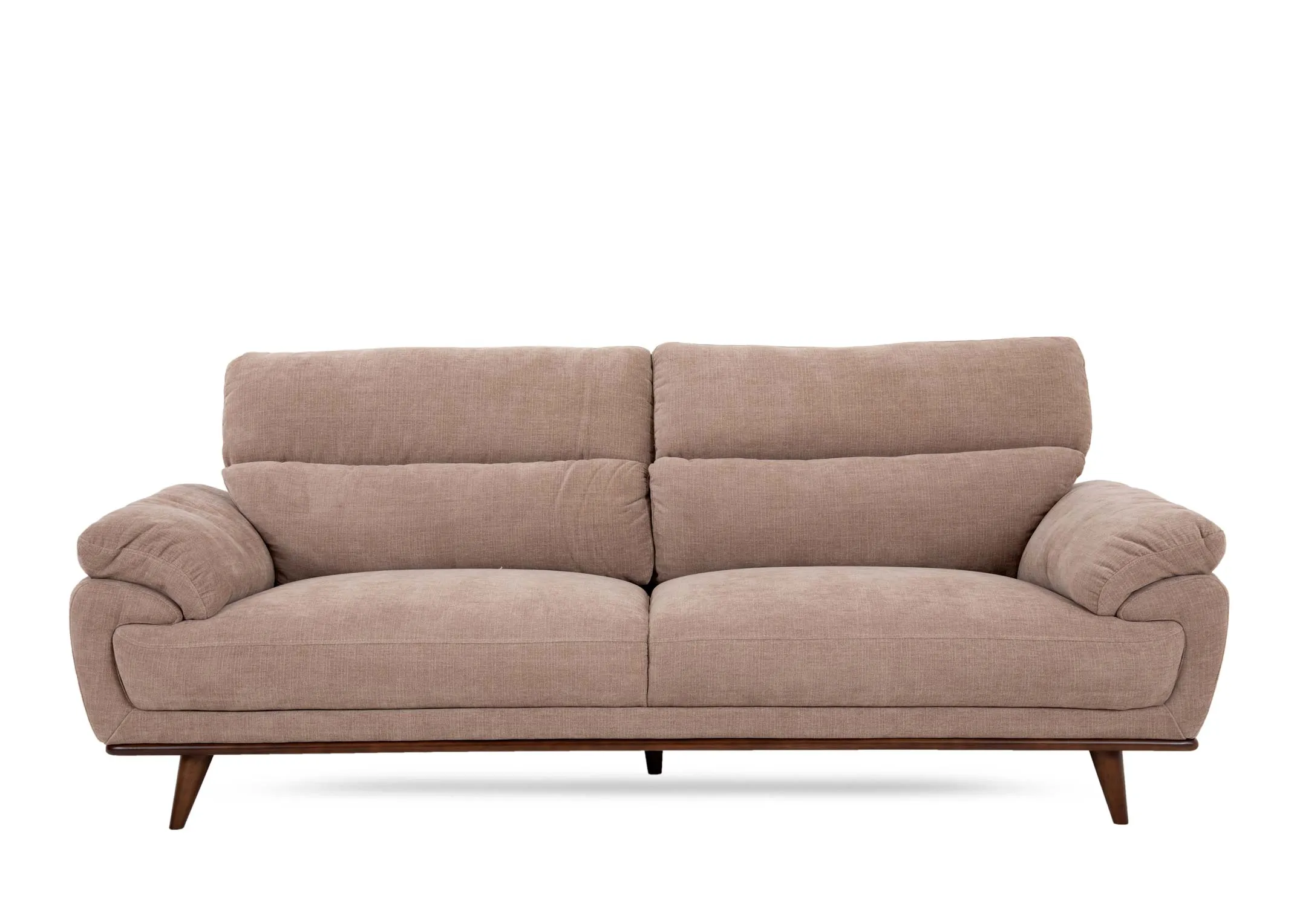 A beige fabric 3 seater sofa from EZ Livings Pippa range.Front view of wide leaning arms