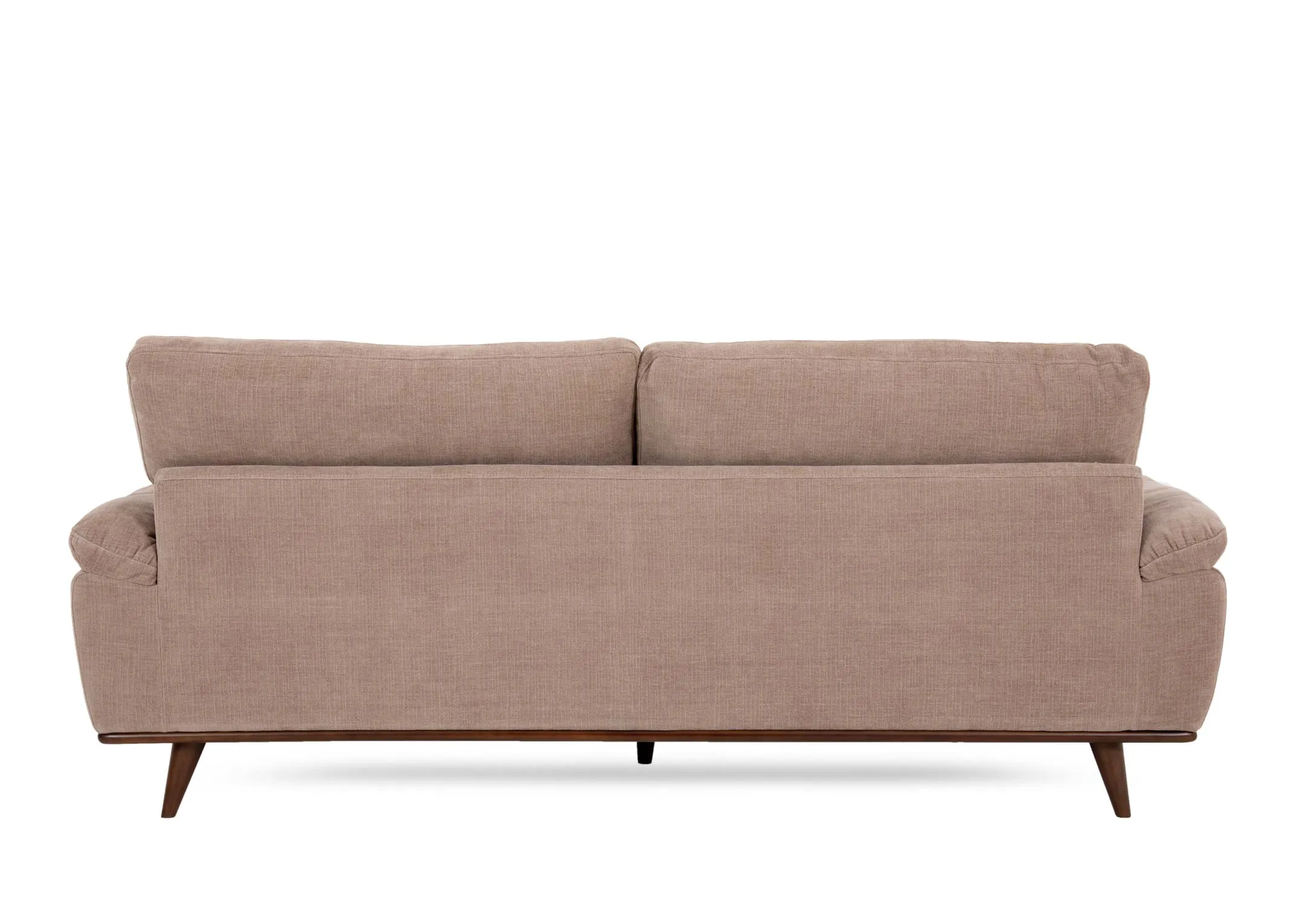 A beige fabric 3 seater sofa from EZ Livings Pippa range. Back view of wide hardwood frame.