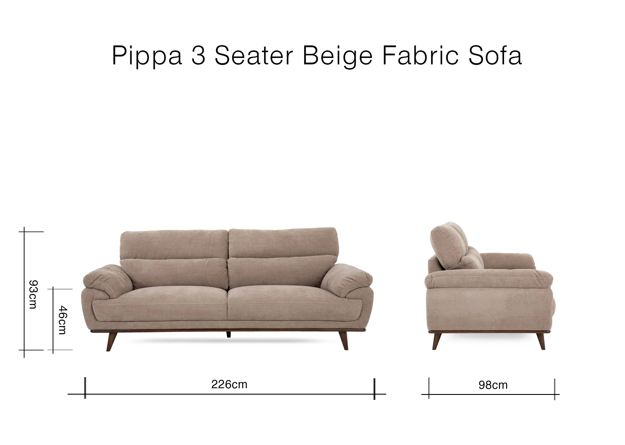 A dimension image of the Pippa 3 Seater sofa with 228cm x 98cm x 93cm