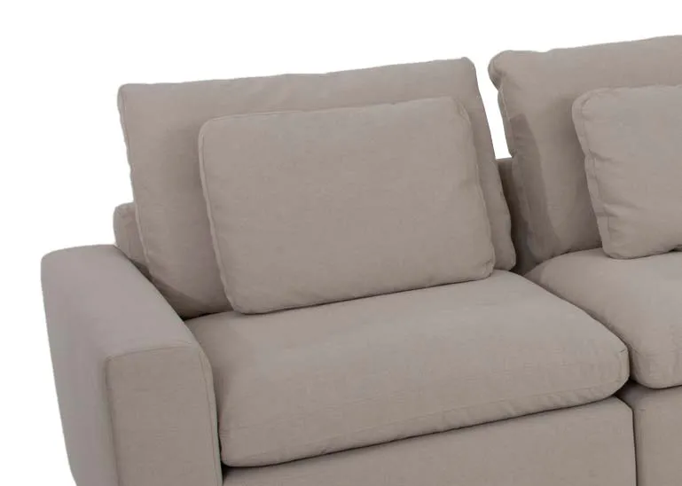 A large grey fabric laf corner group from EZ Livings Cozy range. Closeup of pillow soft cushions and fabric.