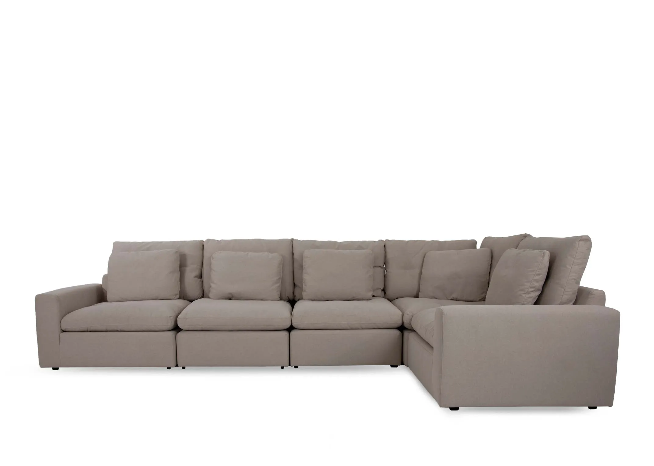 A large grey fabric laf corner group from EZ Livings Cozy range. Front view of 2 removable armless units.