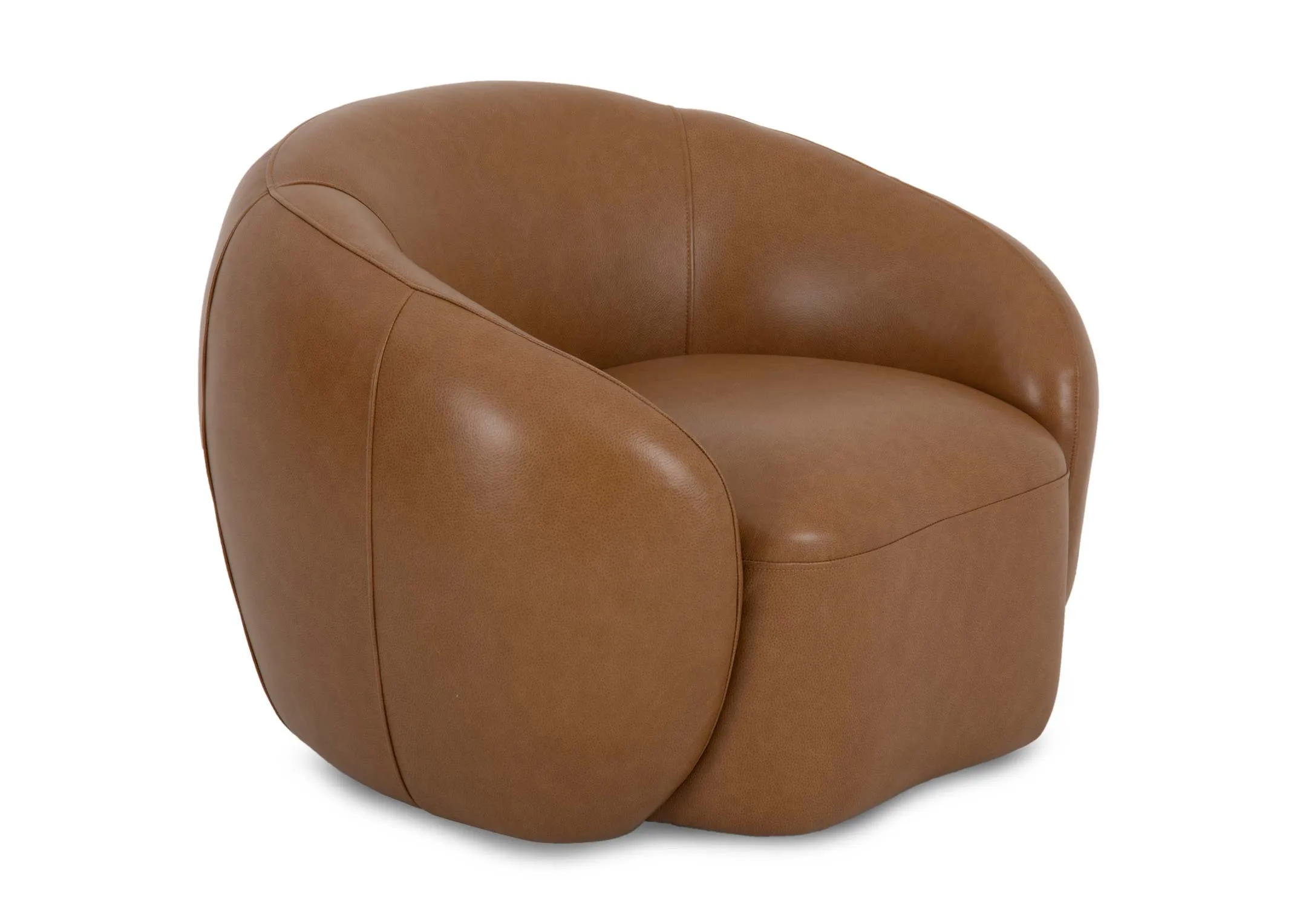A tan leather curved swivel chair from EZ Livings Danica range. Angled veiw