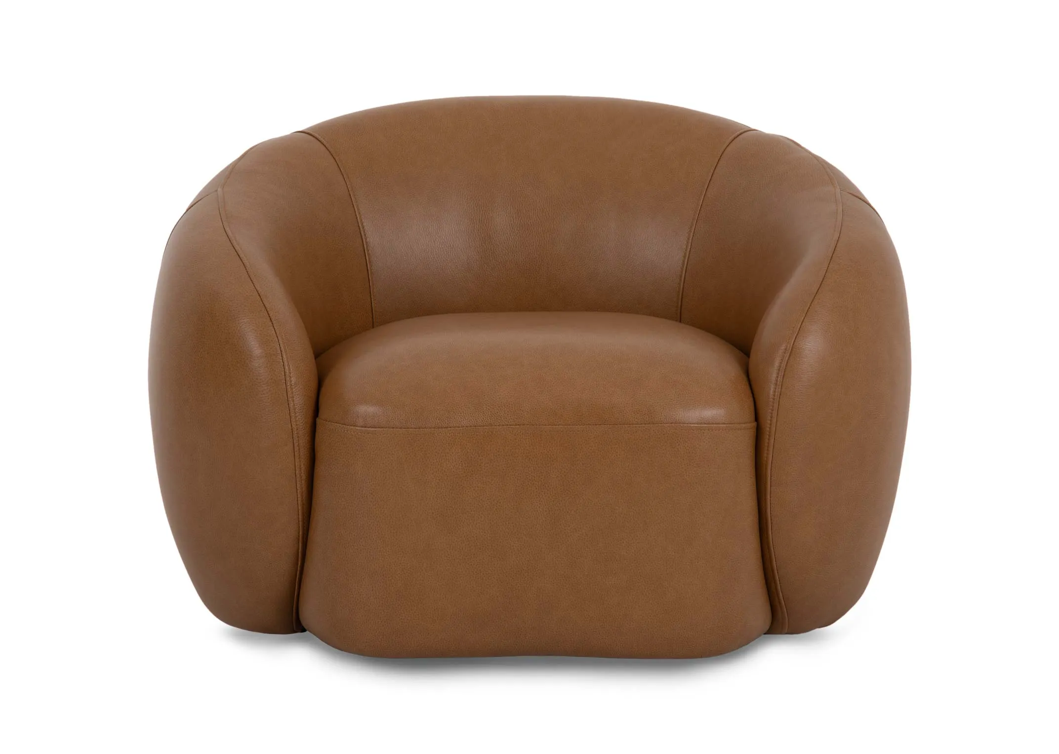 A tan leather curved swivel chair from EZ Livings Danica range. Side view of seamed round edges