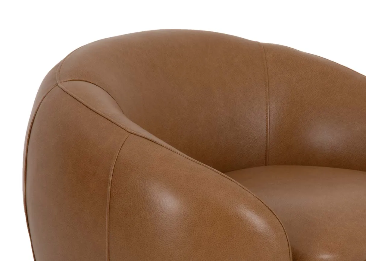 A tan leather curved swivel chair from EZ Livings Danica range. Front view