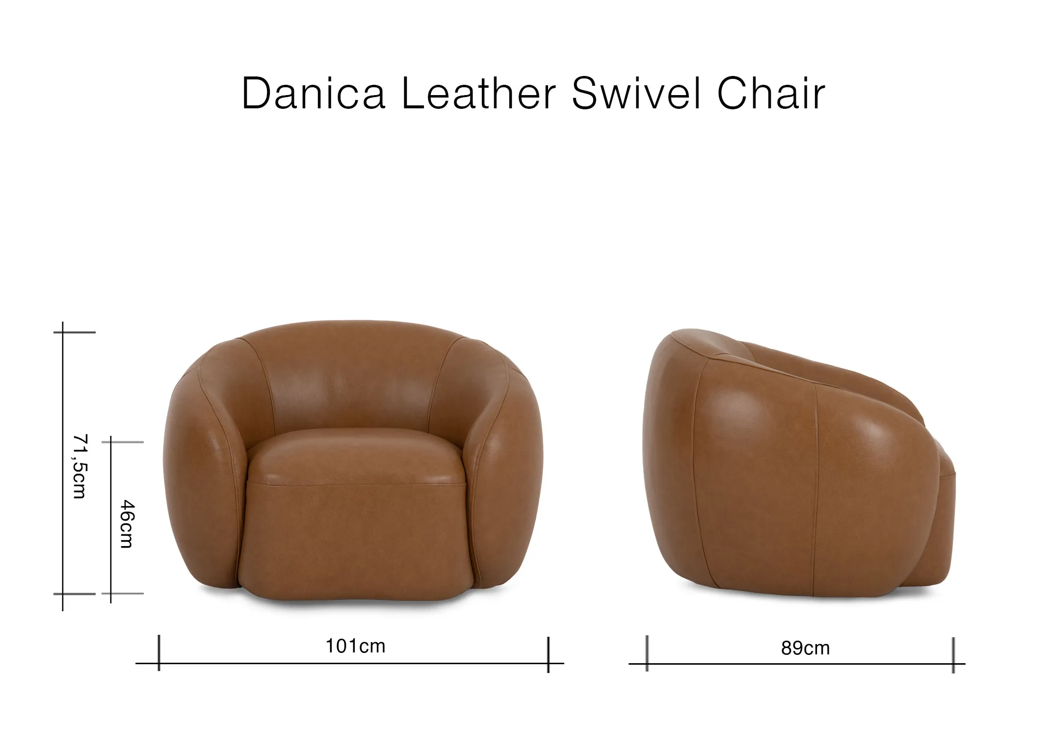 A dimension image of the Danica Swivel Chair with 101cm x 89cm x 71.5cm