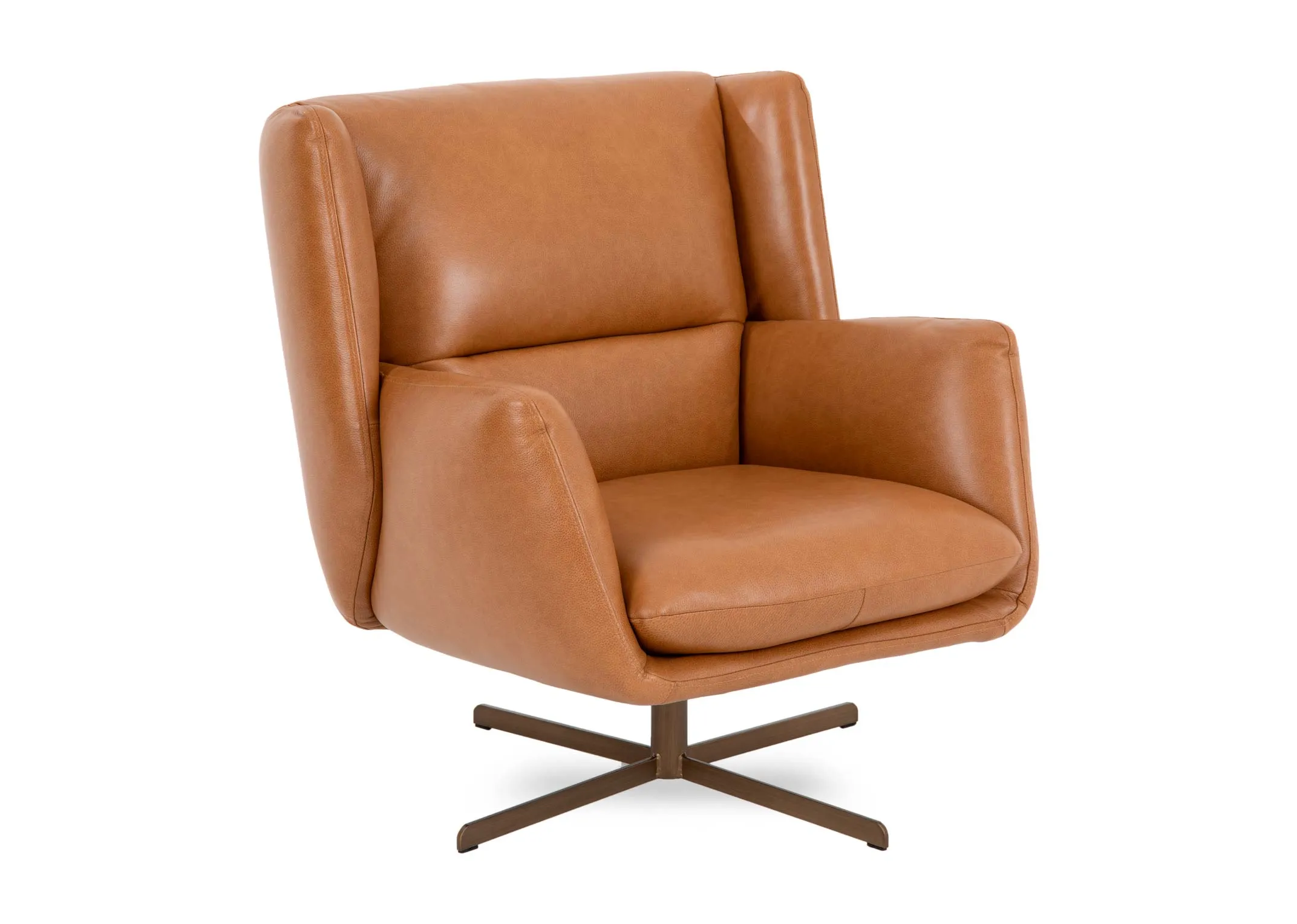 A brown leather swivel chair from EZ Livings Gary range. Angled view