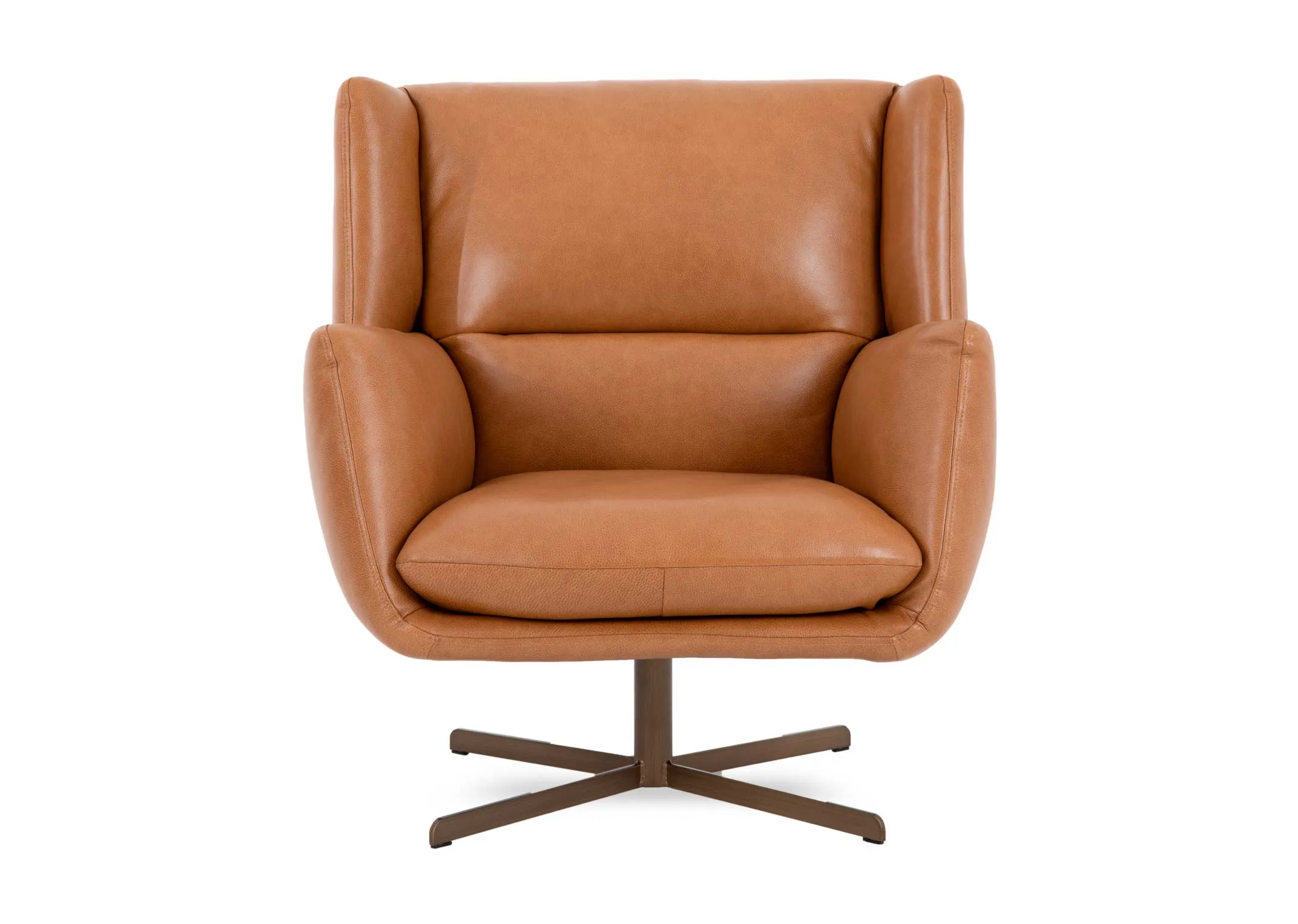 A brown leather swivel chair from EZ Livings Gary range. Front view of padded seat cushion.