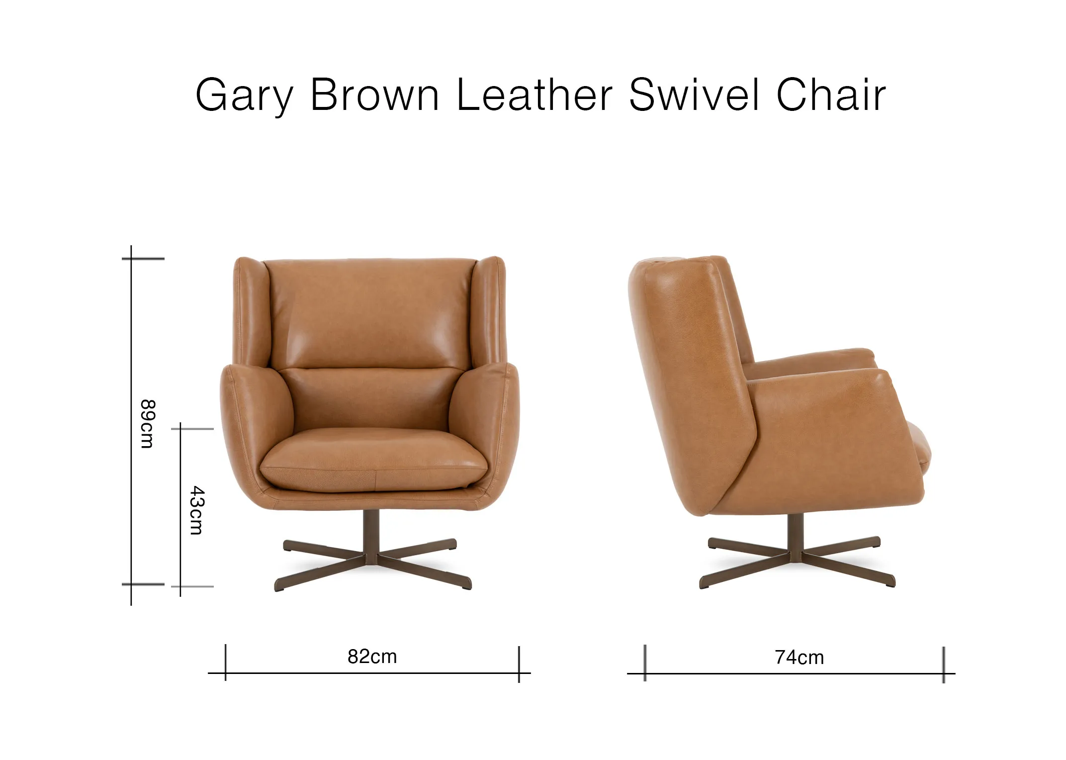A dimension image of the Gary Brown leather chair with 82cm x 74cm x 89cm