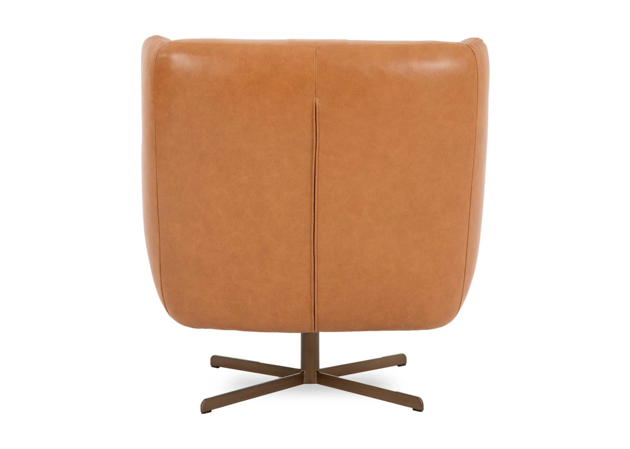 A brown leather swivel chair from EZ Livings Gary range. Back view of seamed leather seat.