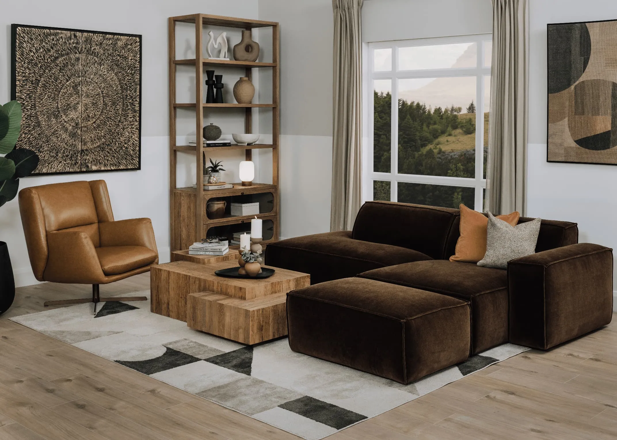 A lifetsyle image of the Jayden Corner sofa with Nova coffee table and bookcase & Gary swivel chair.