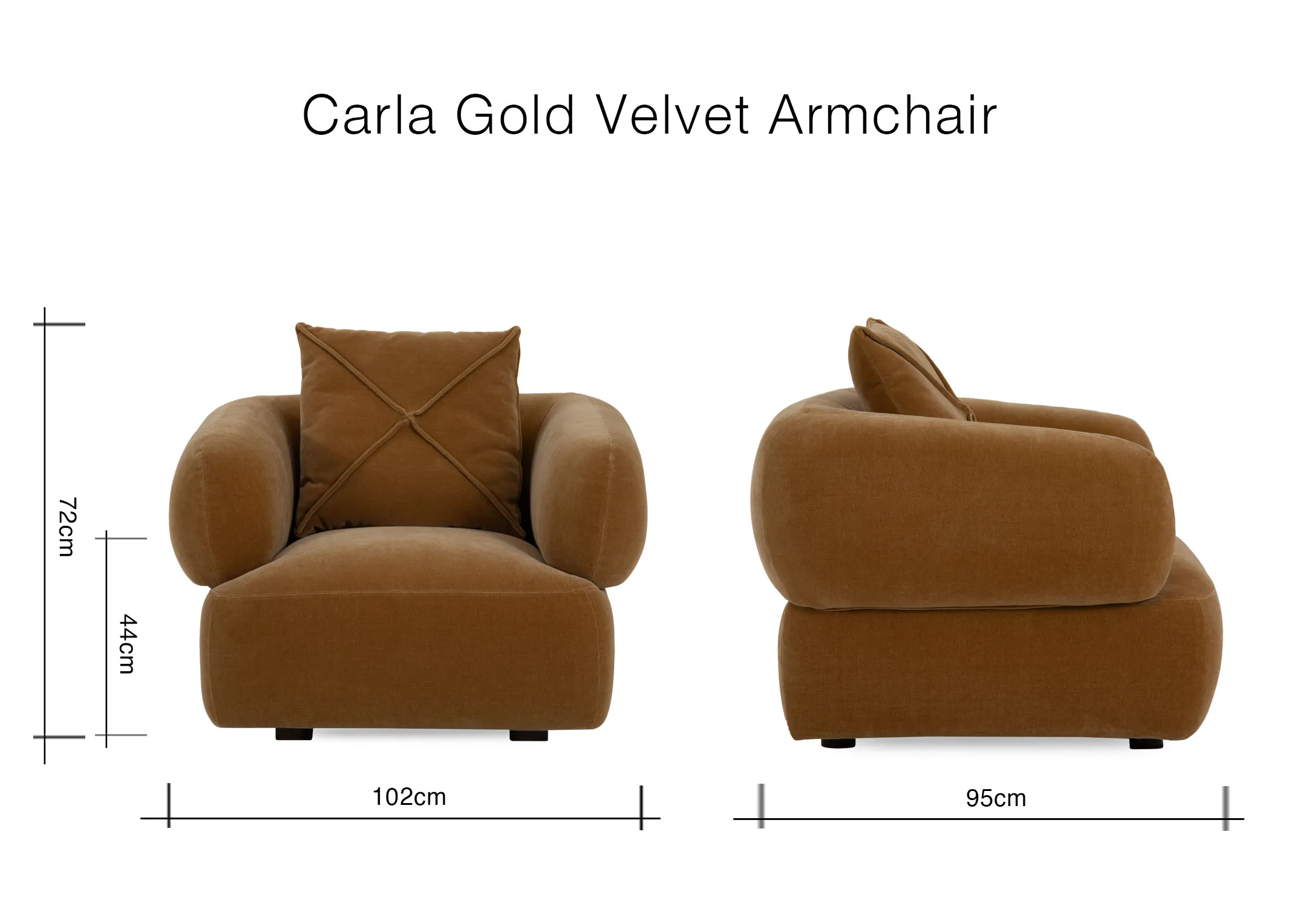 A dimension image of the Carla Gold Armchair with 102cm x 95cm x 72cm