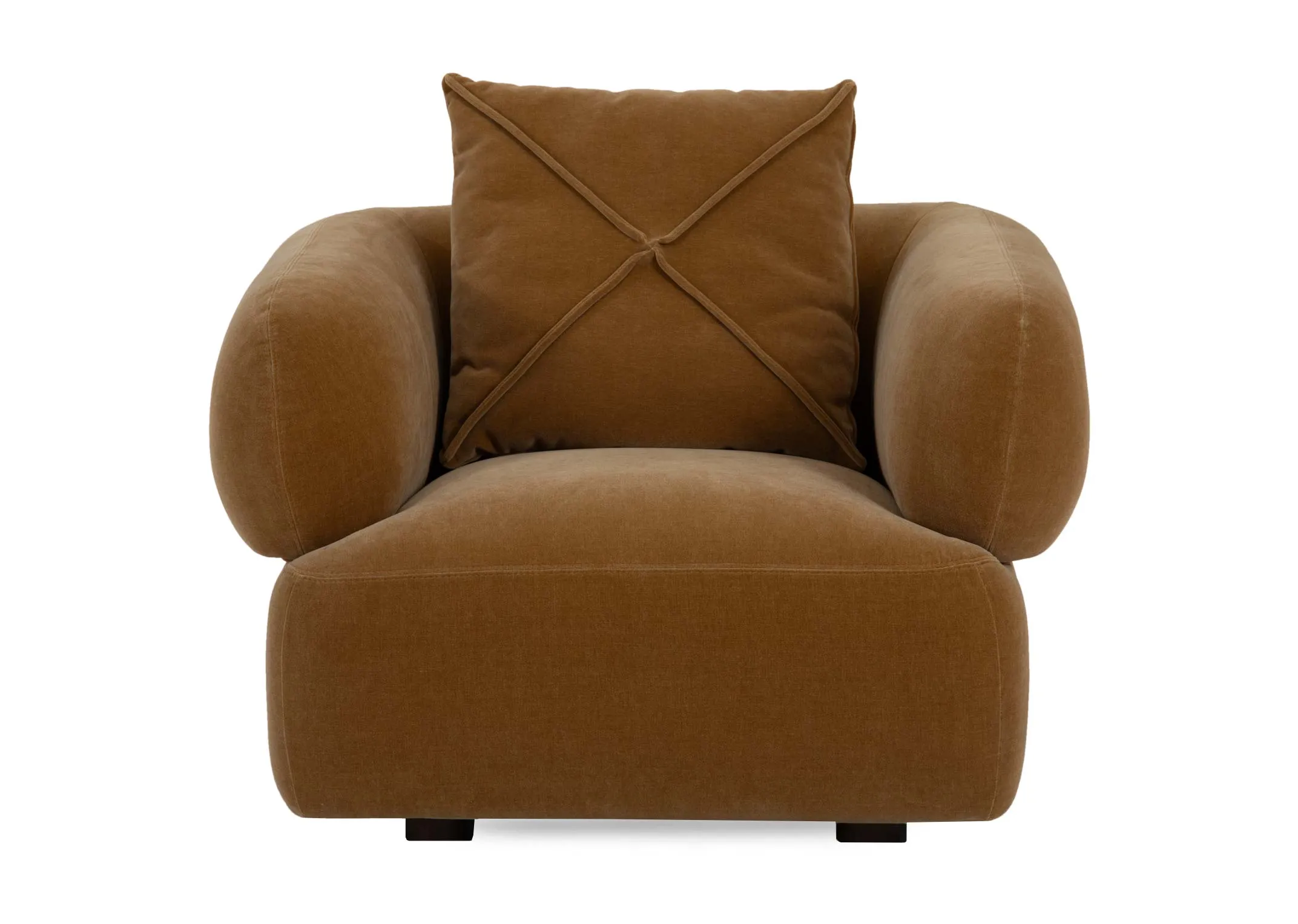 A gold velvet fabric armchair from EZ Living's Carla range. Front view of padded seat and back