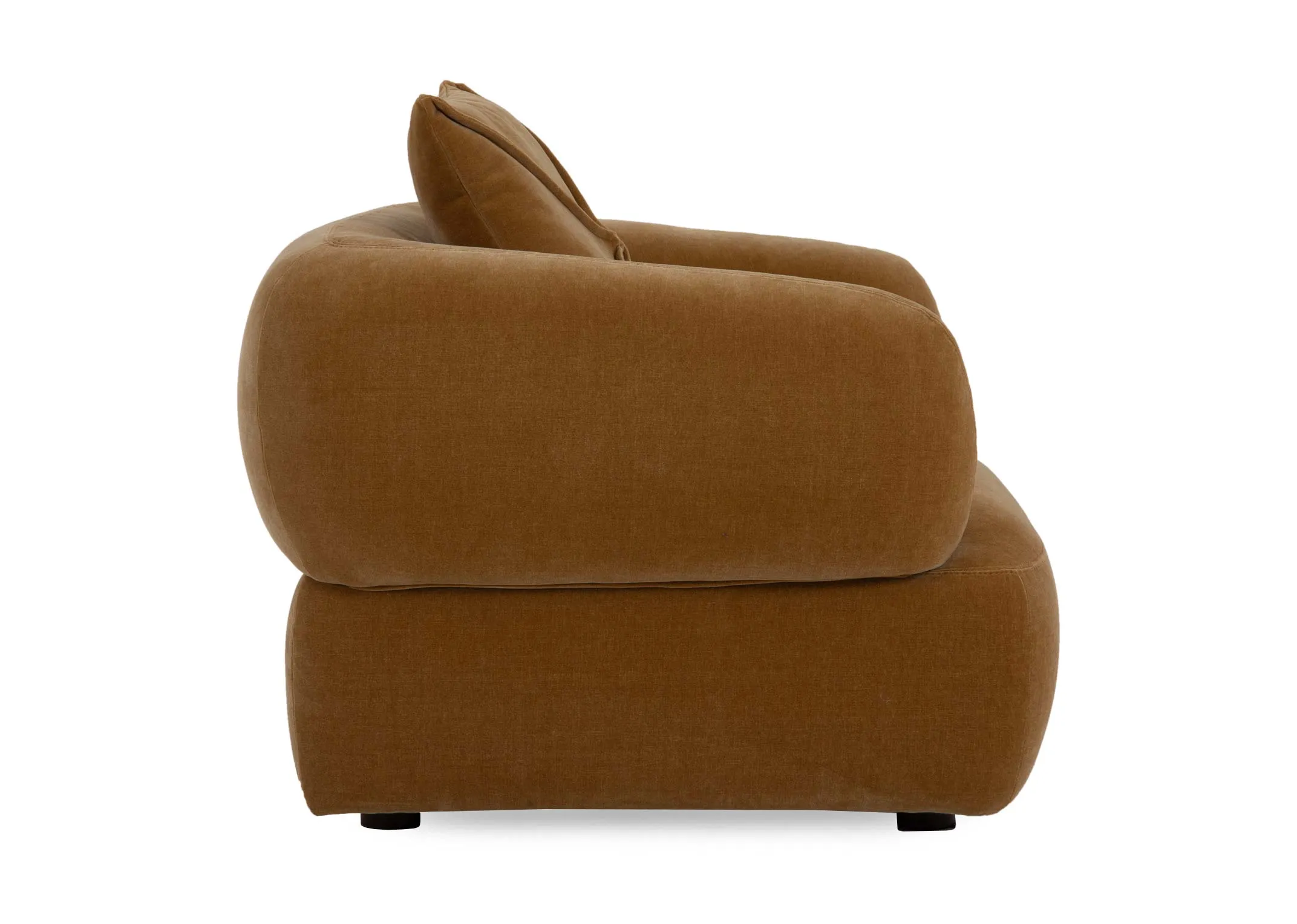 A gold velvet fabric armchair from EZ Living's Carla range. Side view of curved arms