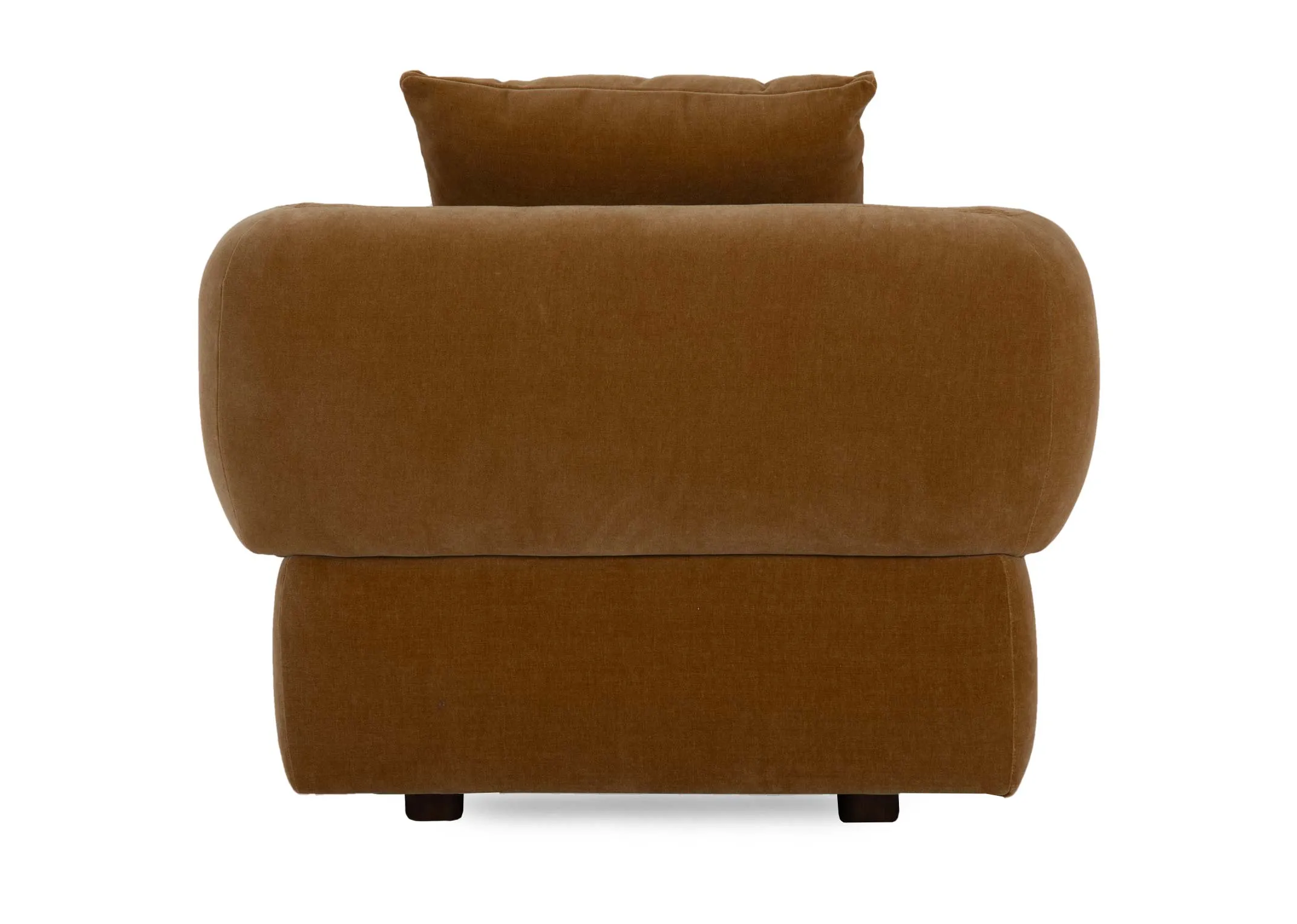 A gold velvet fabric armchair from EZ Living's Carla range. Back view of cushioned seat.