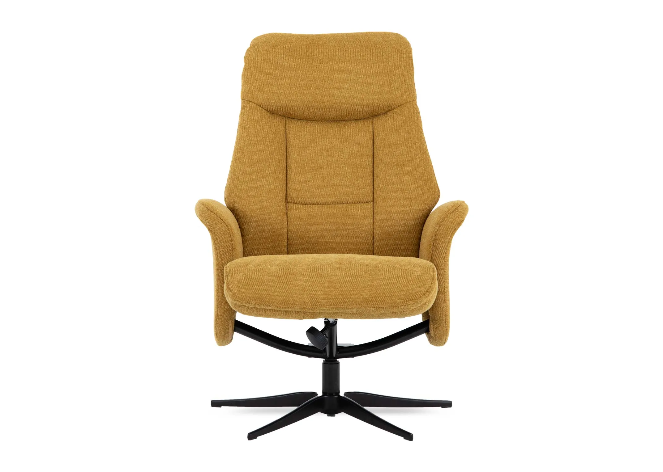 A mustard fabric recliner from EZ Livings Harry range. Front view of padded seat and back cushion.